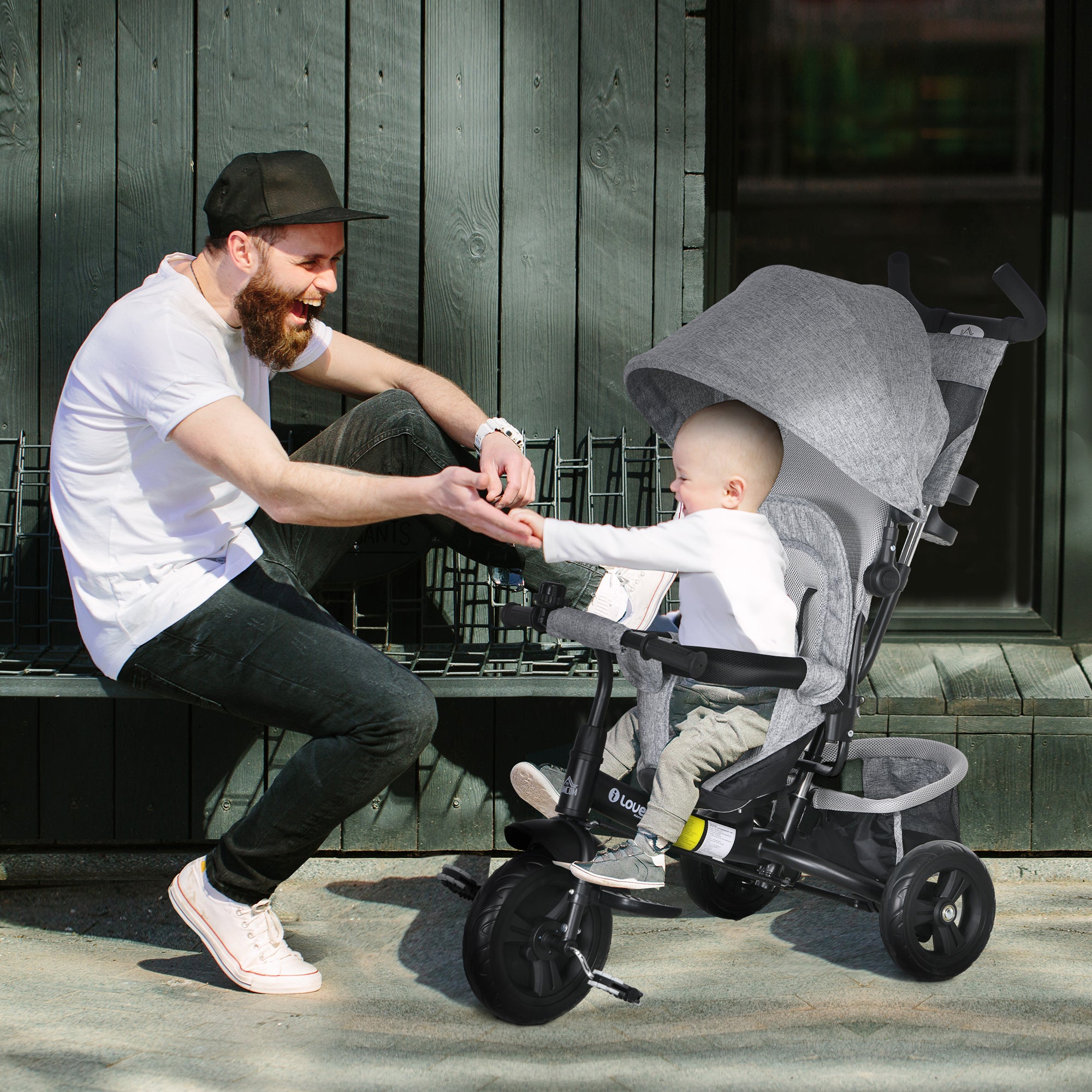 HOMCOM 4 in 1 Kids Trike Push Bike w/ Push Handle, Canopy, 5-point Safety Belt, Storage, Footrest, Brake, for 1-5 Years, Grey - anydaydirect
