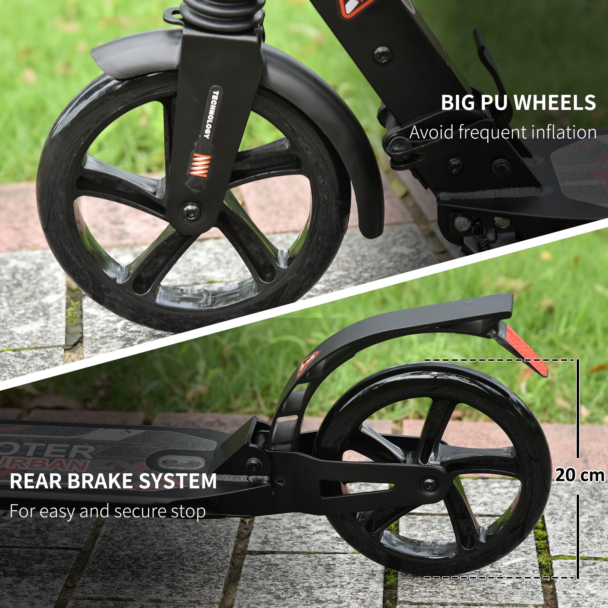 HOMCOM Folding Kick Scooter, Adjustable Ride On Scooter with 200mm Big Wheels and Double Shock Absorption, Urban Scooter for 14+ Teens Adult, Black - anydaydirect