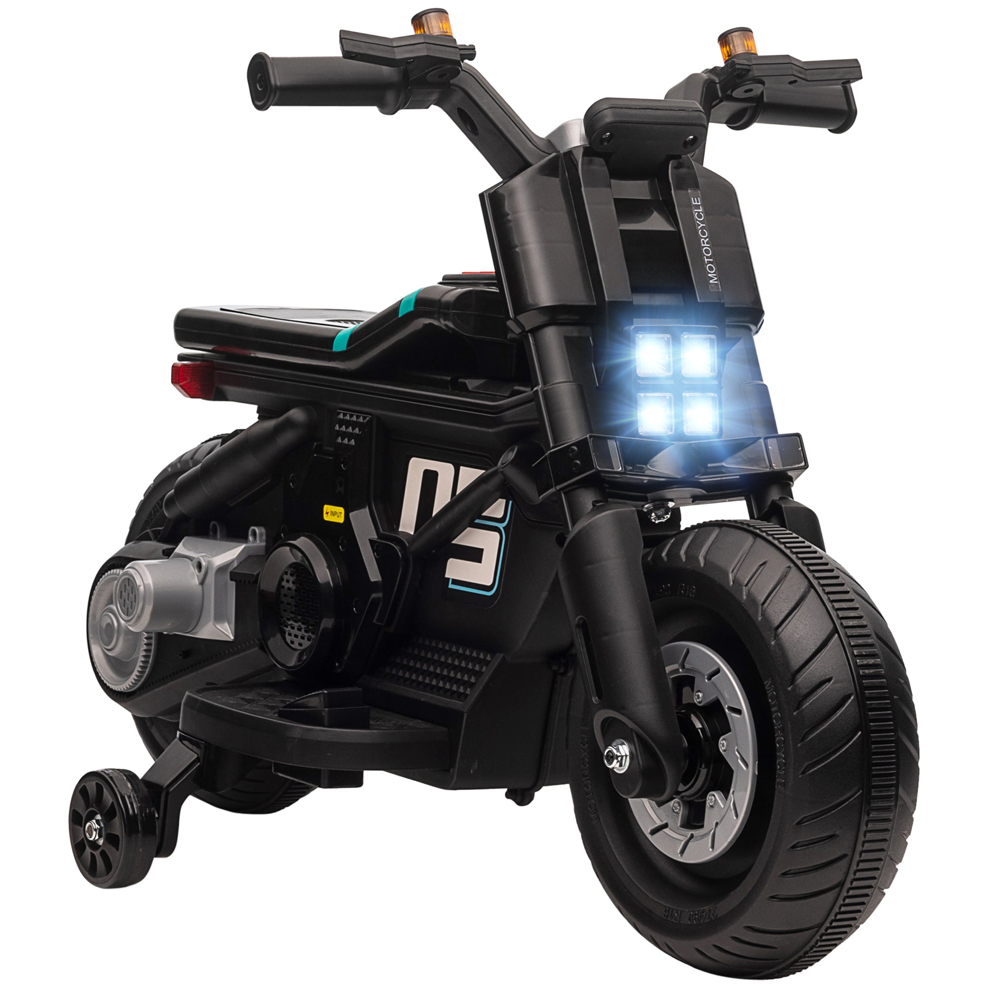 HOMCOM Kids Electric Motorbike with Siren, Horn, Headlights, Music, Training Wheels, for Ages 3-5 Years - Black - anydaydirect