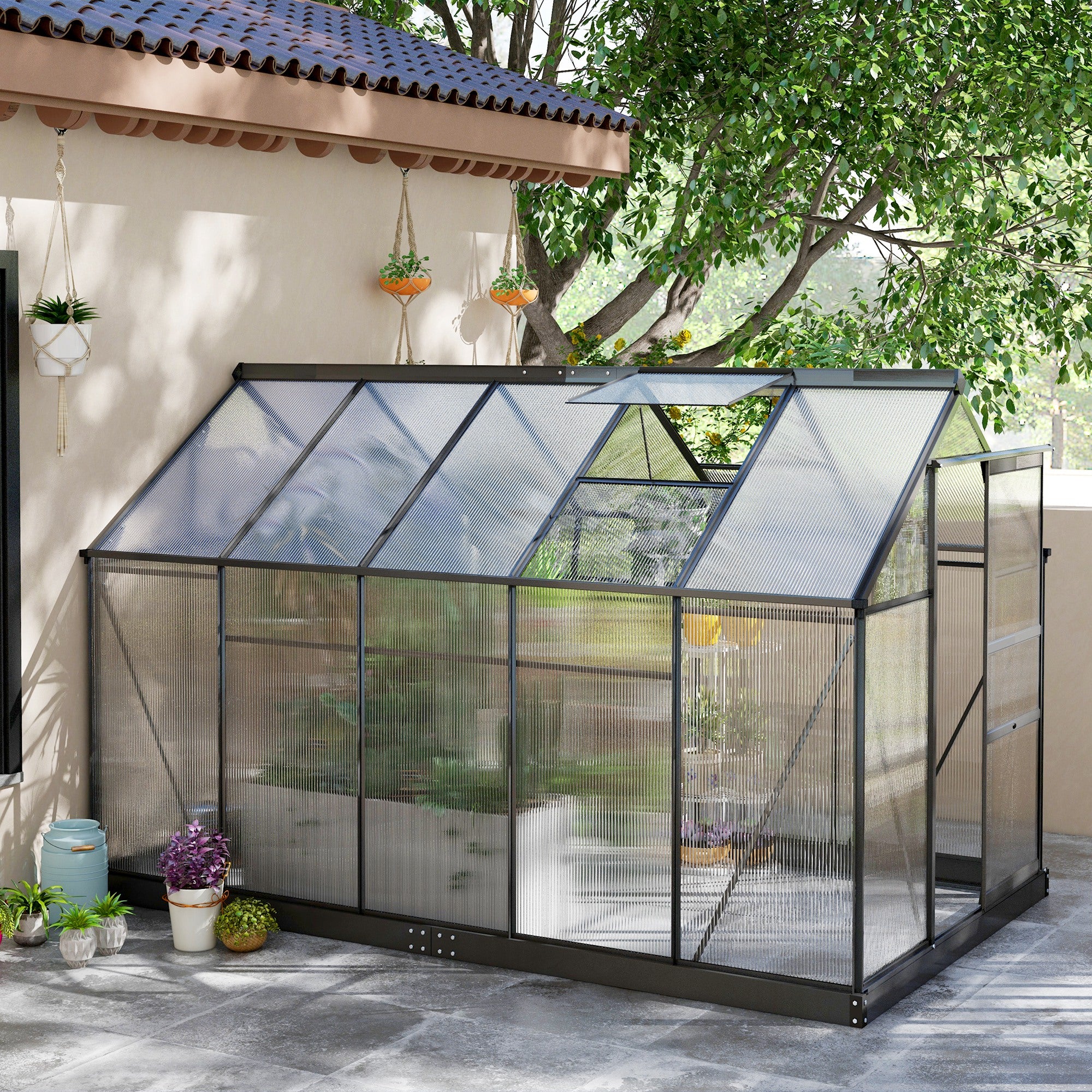 Outsunny 6 x 10ft Polycarbonate Greenhouse, Large Walk-In Green House with Slide Door and Window, Garden Plants Grow House with Aluminium Frame and Foundation, Grey - anydaydirect