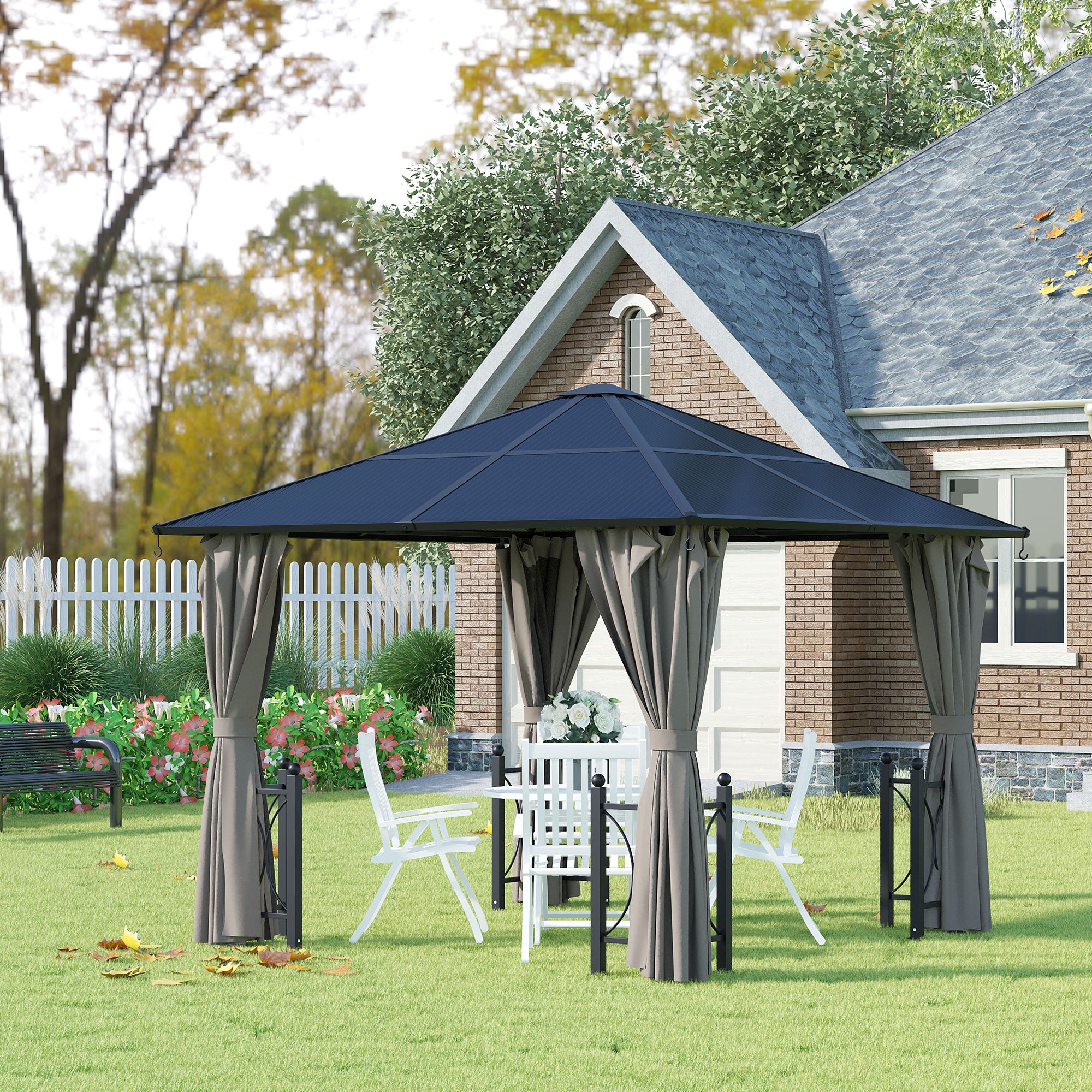 Outsunny 3 x 3(m) Hardtop Gazebo Canopy with Polycarbonate Roof, Steel & Aluminium Frame, Garden Pavilion with Mosquito Netting and Curtains, Black - anydaydirect