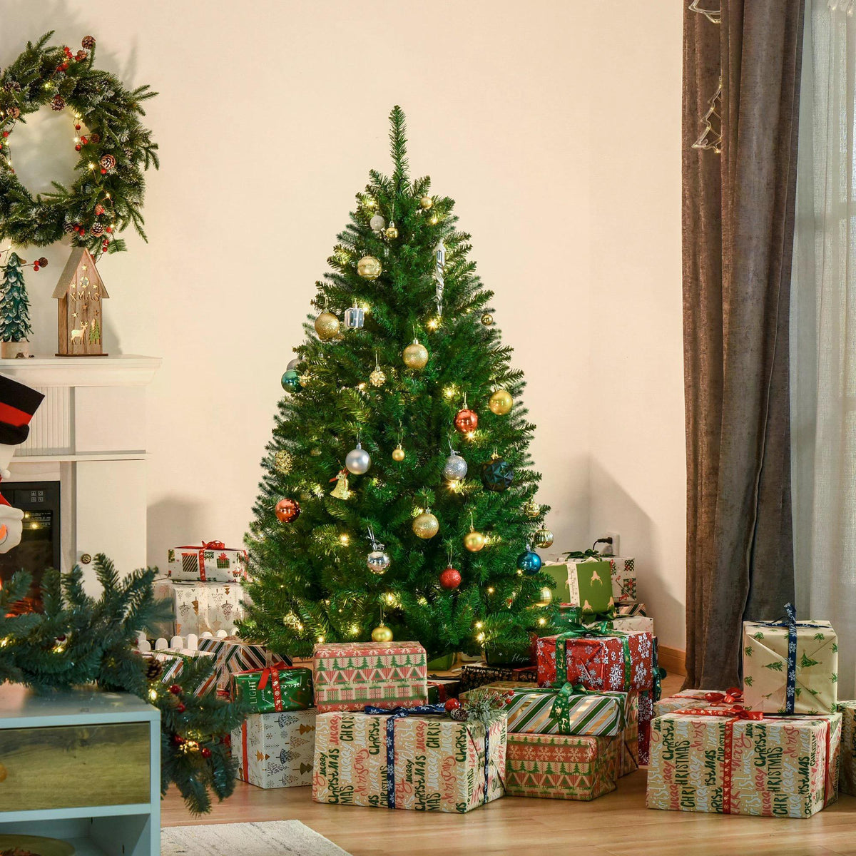 HOMCOM 5ft Prelit Christmas Tree Artificial Tree Warm White LED Light Holiday Home Xmas Decoration, Green - anydaydirect