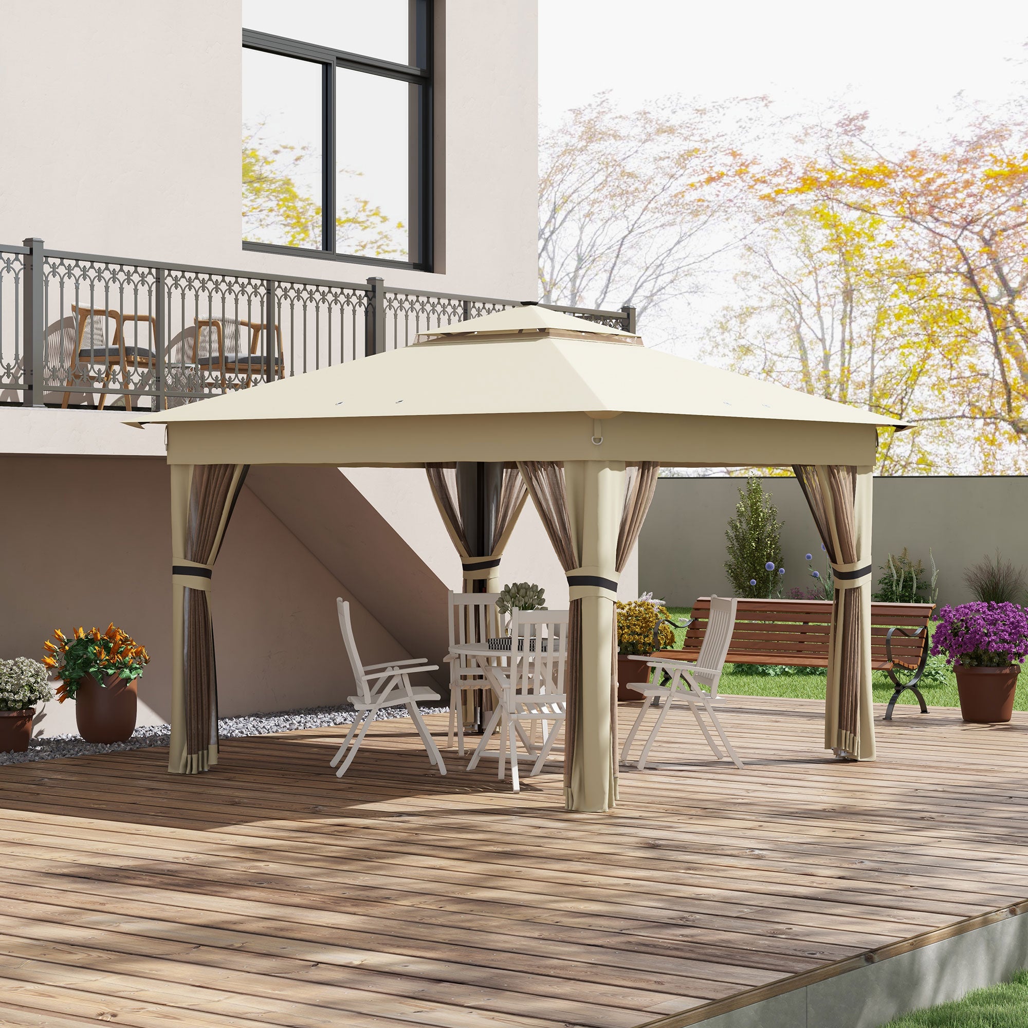 Outsunny 3 x 3(m) Pop Up Gazebo Party Tent with Solar-Powered LED Lights, Adjustable Event Shelter with Netting, Khaki - anydaydirect