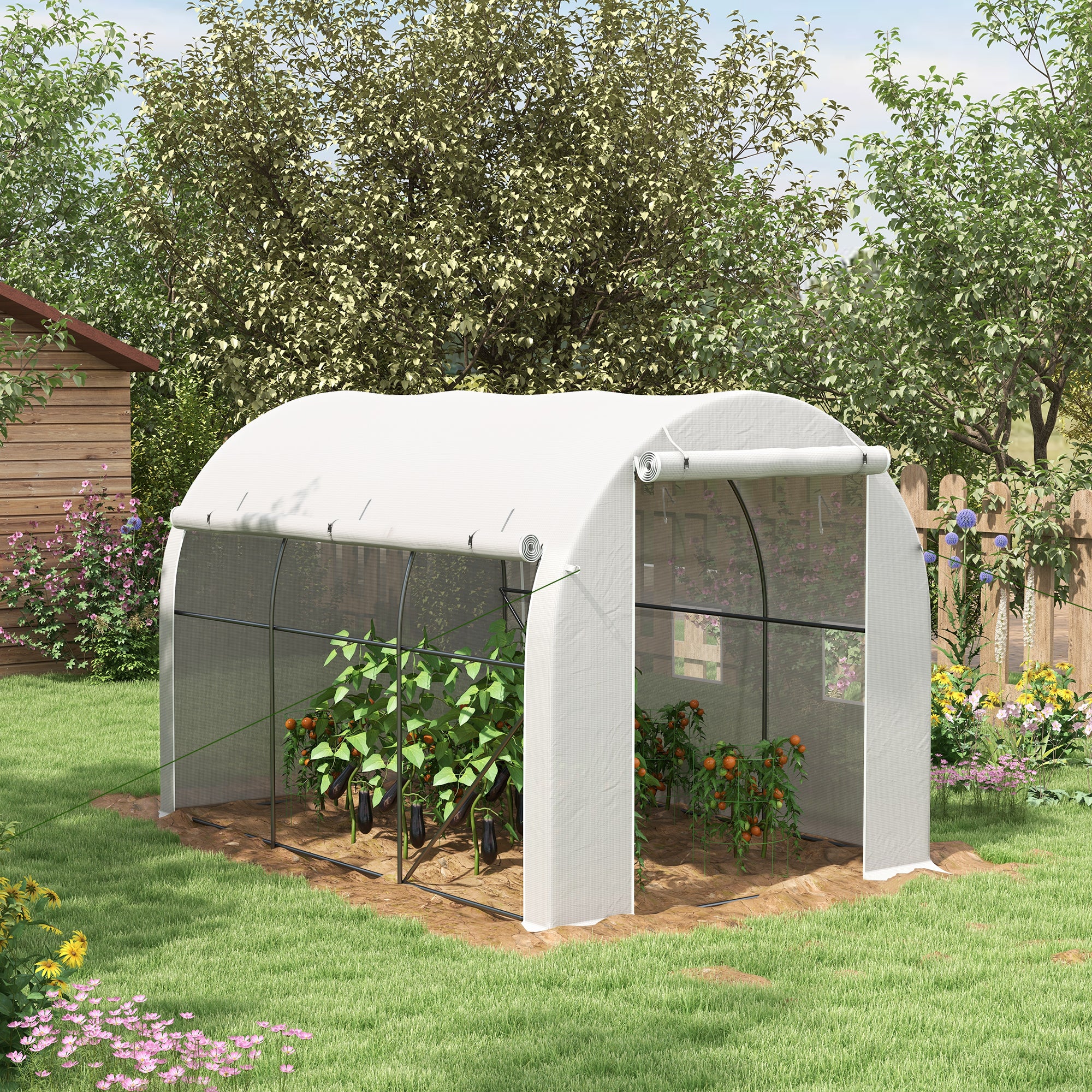 Outsunny 296 x 196cm Steel Frame Polytunnel Greenhouse - White - anydaydirect