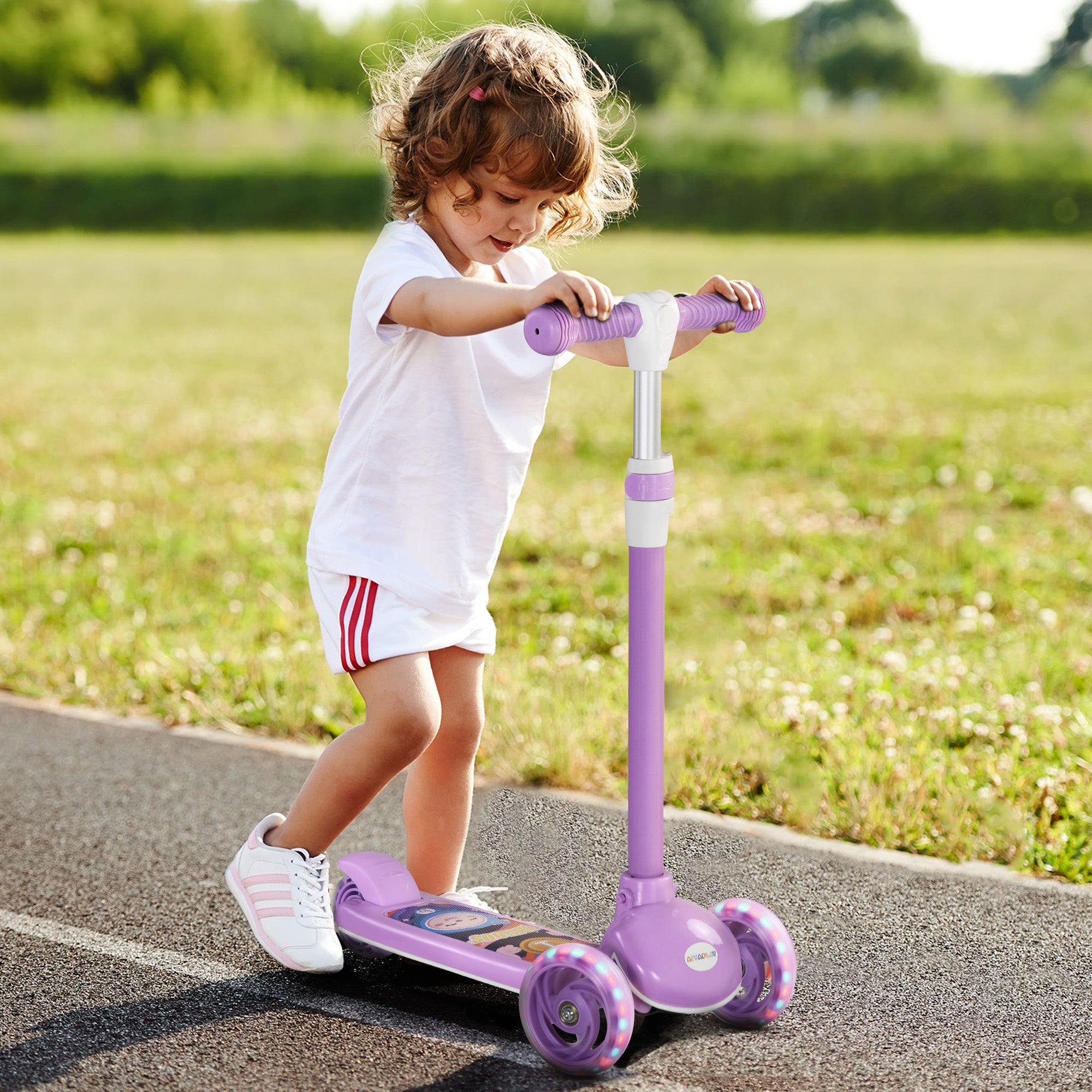 AIYAPLAY Kids 3 Wheel Scooter for 2-6 Years Old w/ Adjustable Height, LED Light, TPE Handlebar, Purple - anydaydirect