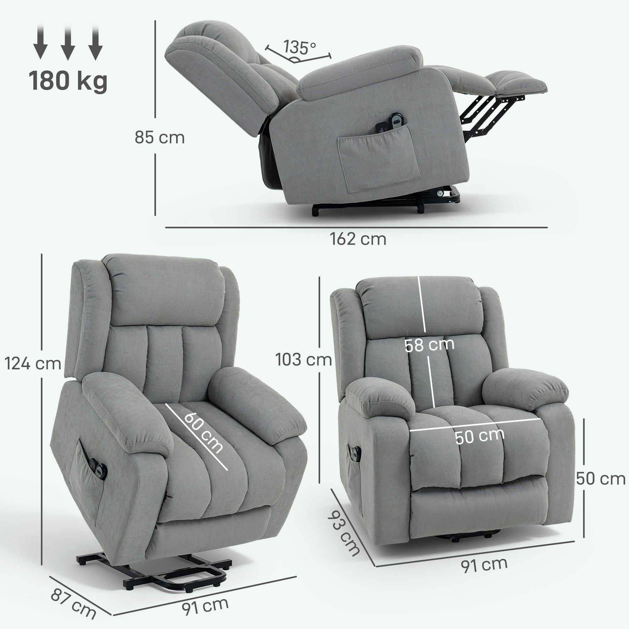 HOMCOM Eight-Point Massage Electric Lift Chair - Light Grey - anydaydirect