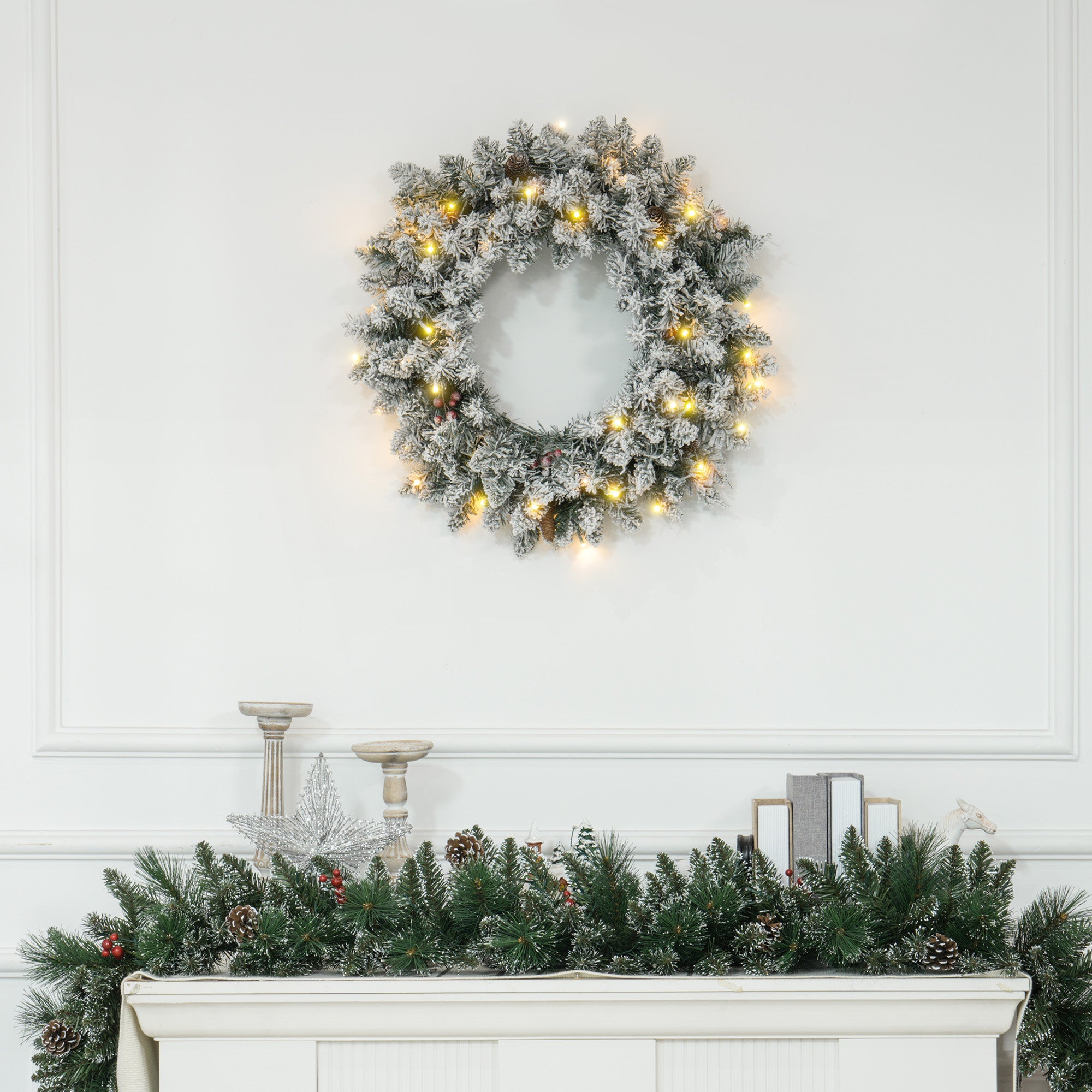 HOMCOM 60cm Pre-Lit Christmas Wreath for Front Door with LED Lights, Pine Cones and Red Berries, Flocked Winter Wreath for Windows, Wall Decoration, Green - anydaydirect