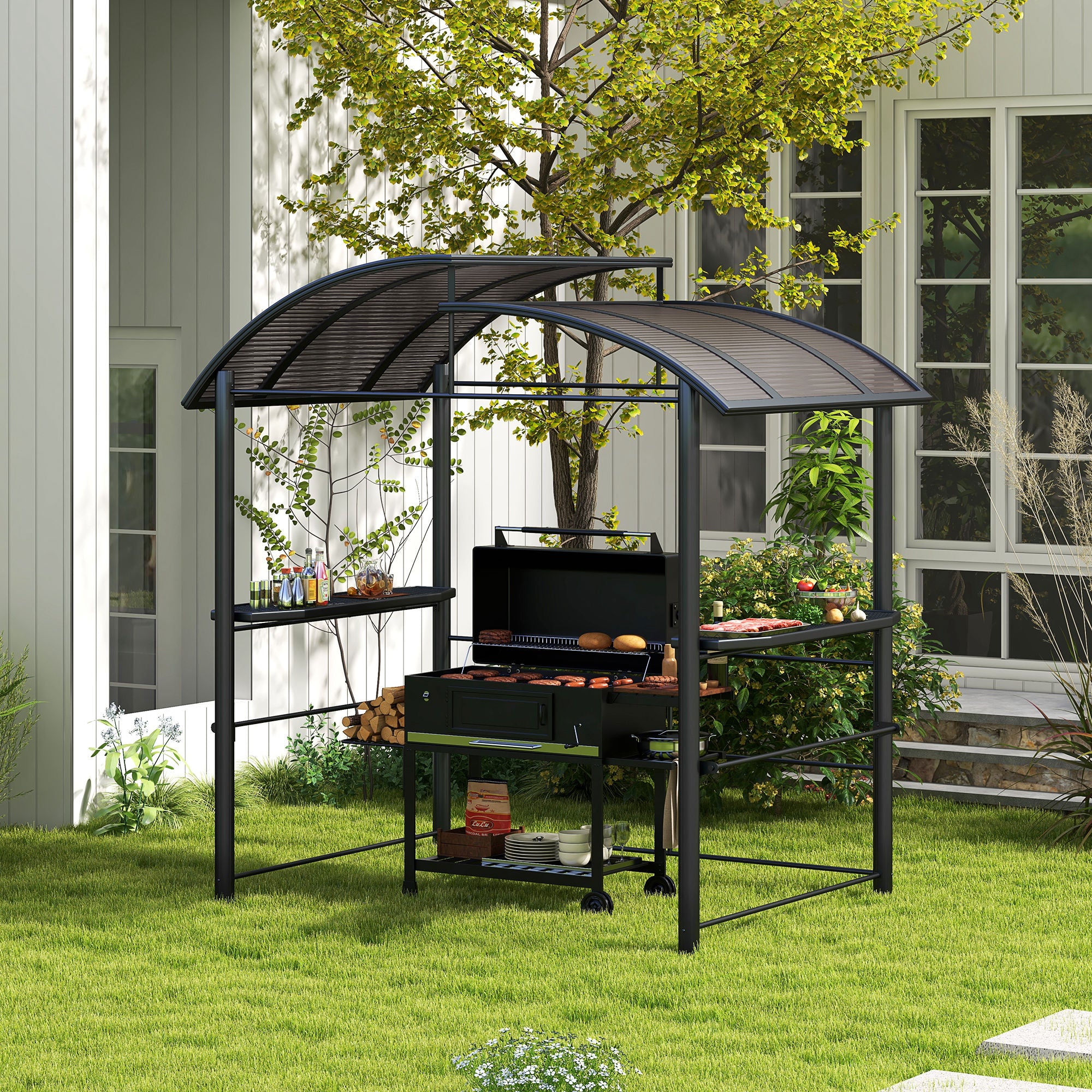 Outsunny 2.4 x 1.5m Outdoor Grill Gazebo with Side Shelves, PC Board Roof, Dark Grey - anydaydirect