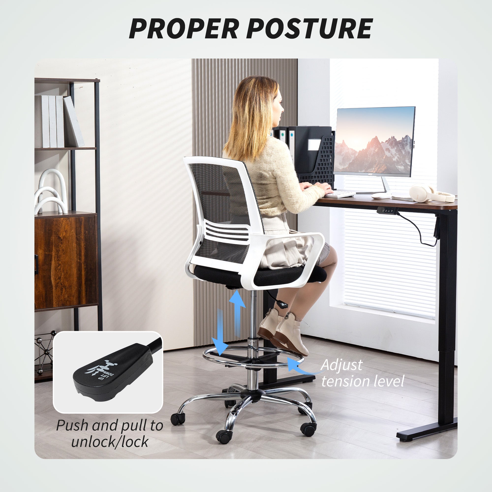 HOMCOM Draughtsman Chair, Mesh Drafting Chair, Ergonomic Office Chair with Lumbar Support, Adjustable Foot Ring, Black - anydaydirect