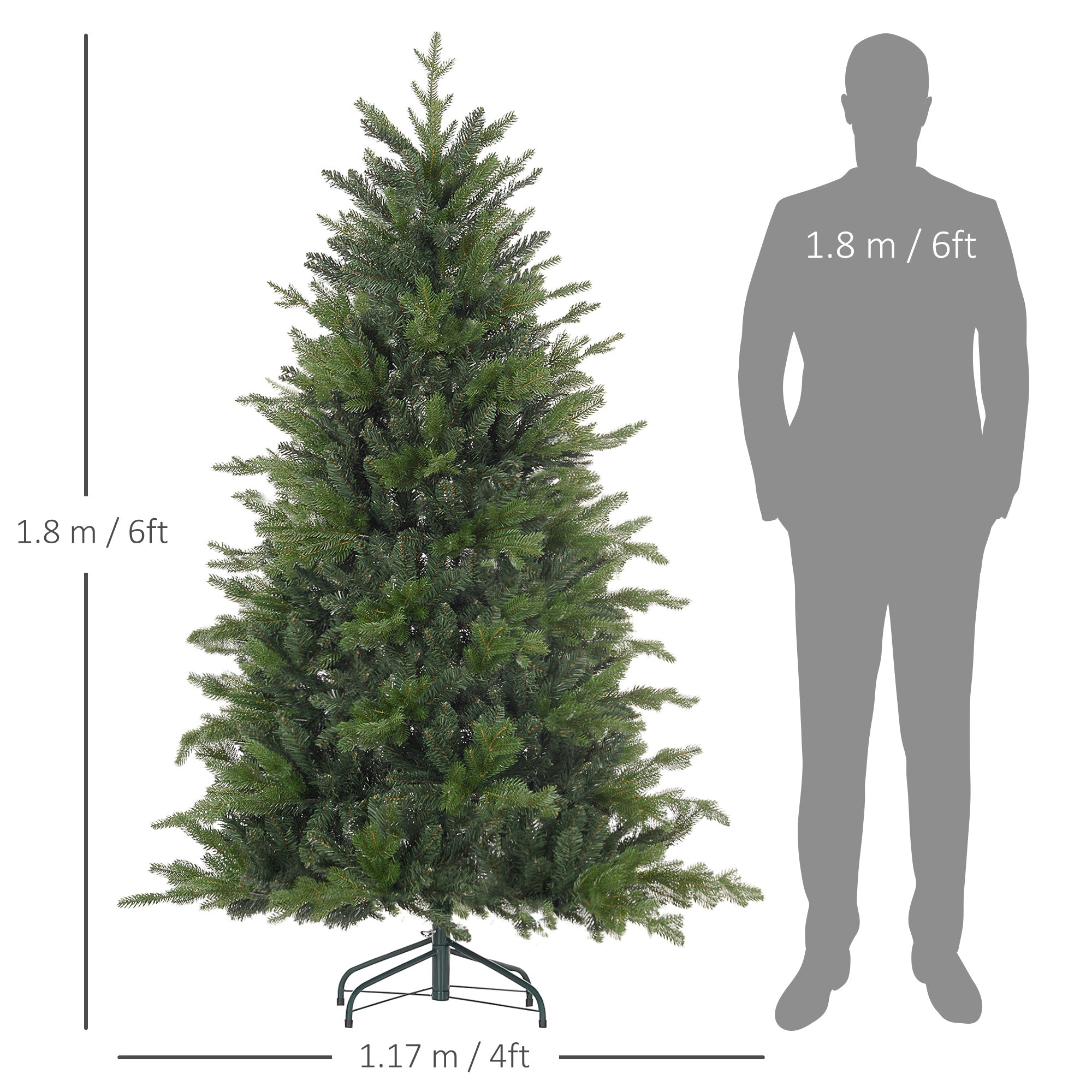HOMCOM 6ft Artificial Christmas Tree with 1821 Tips, Metal Base, Realistic Hinged Xmas Tree for Home Office, Green - anydaydirect