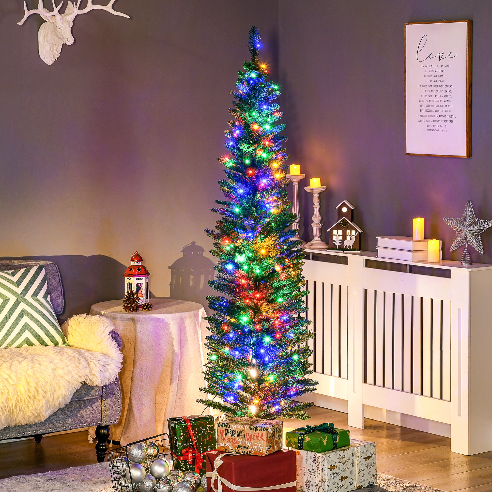 HOMCOM 6' Artificial Prelit Christmas Trees Holiday Décor with Colourful LED Lights, Pencil Shape, Steel Base - anydaydirect
