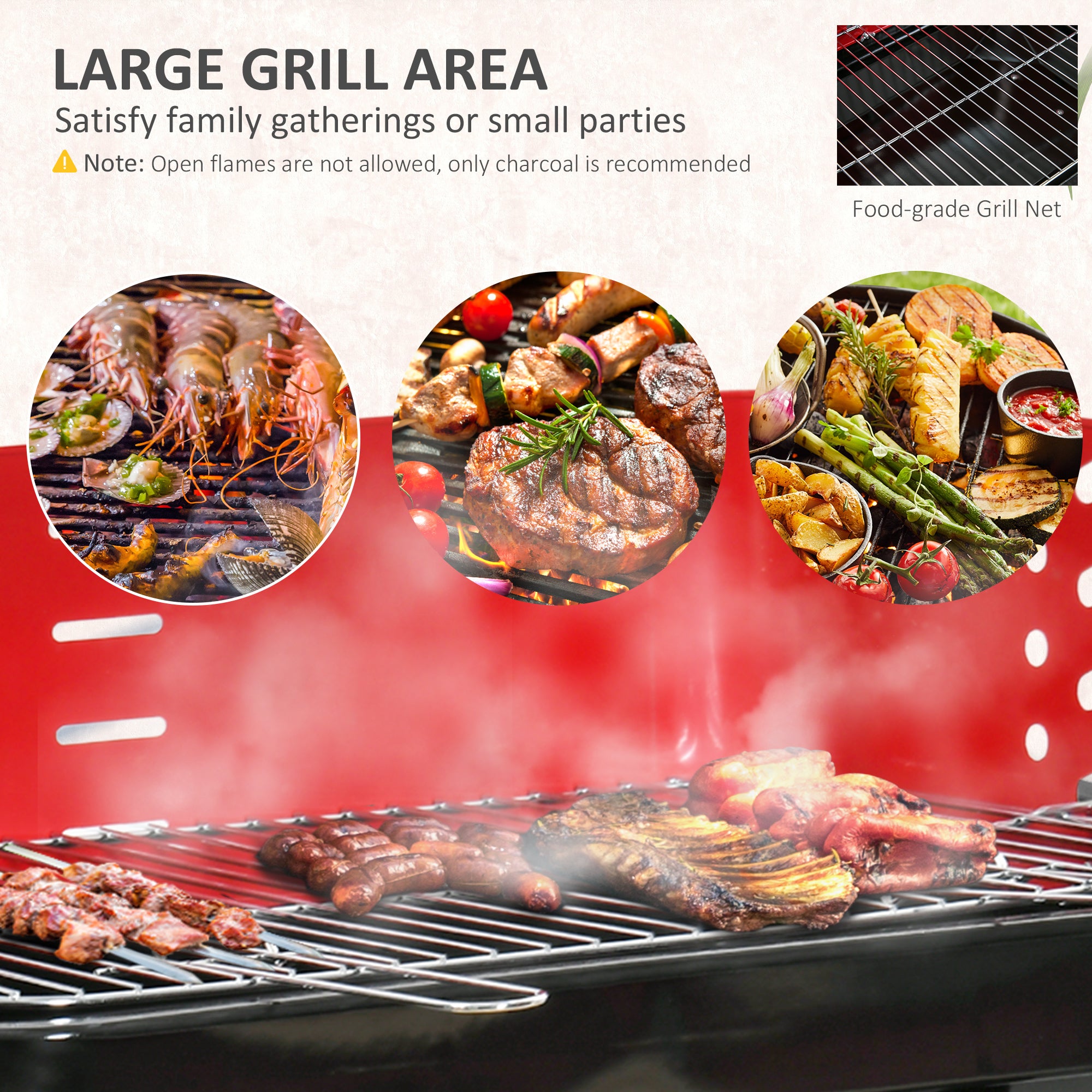 Outsunny Charcoal Trolley BBQ Barbecue Grill Patio Camping Picnic Garden Party Outdoor Cooking with Windshield, Wheels Side Trays, Black/Red - anydaydirect