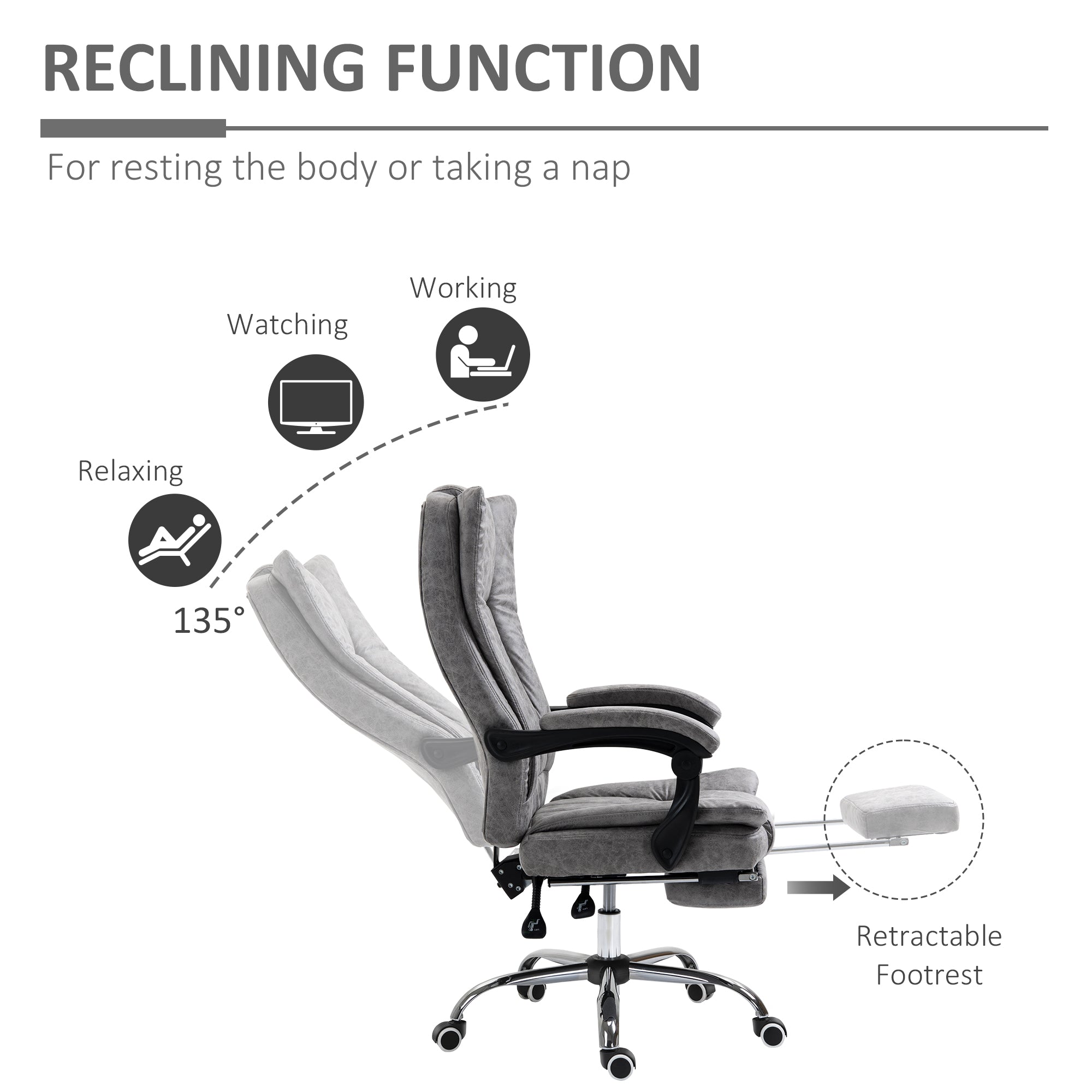 Vinsetto Home Office Chair Microfibre Desk Chair with Reclining Function Armrests Swivel Wheels Footrest Grey - anydaydirect