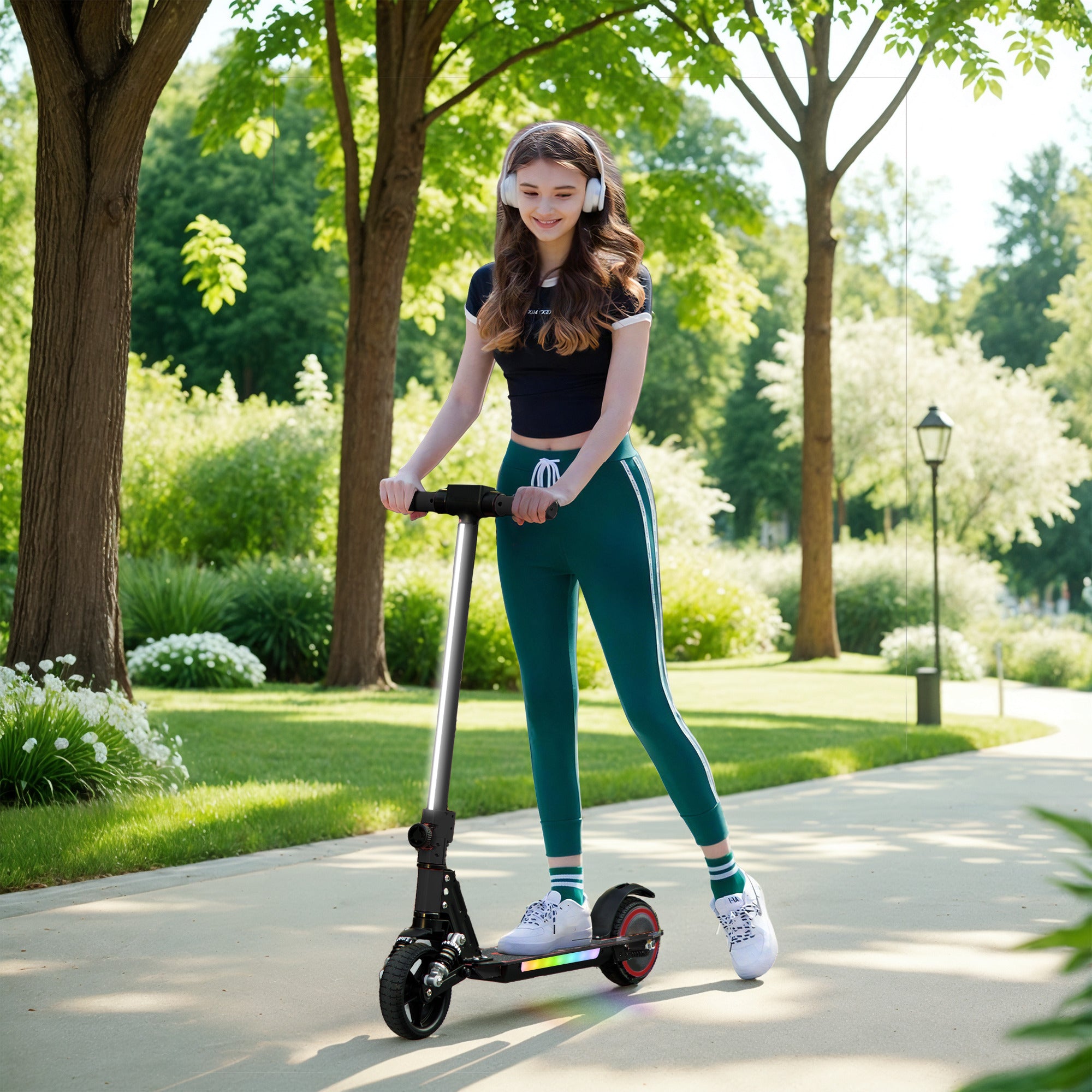 SPORTNOW Folding Electric Scooter for Kids Age 6-14 with Dual Brakes, Front Suspension, LED Colourful Lights and Display, 6.8kg Lightweight Aluminium E Scooter, Up to 14 KM/H & 6 KM, Black - anydaydirect