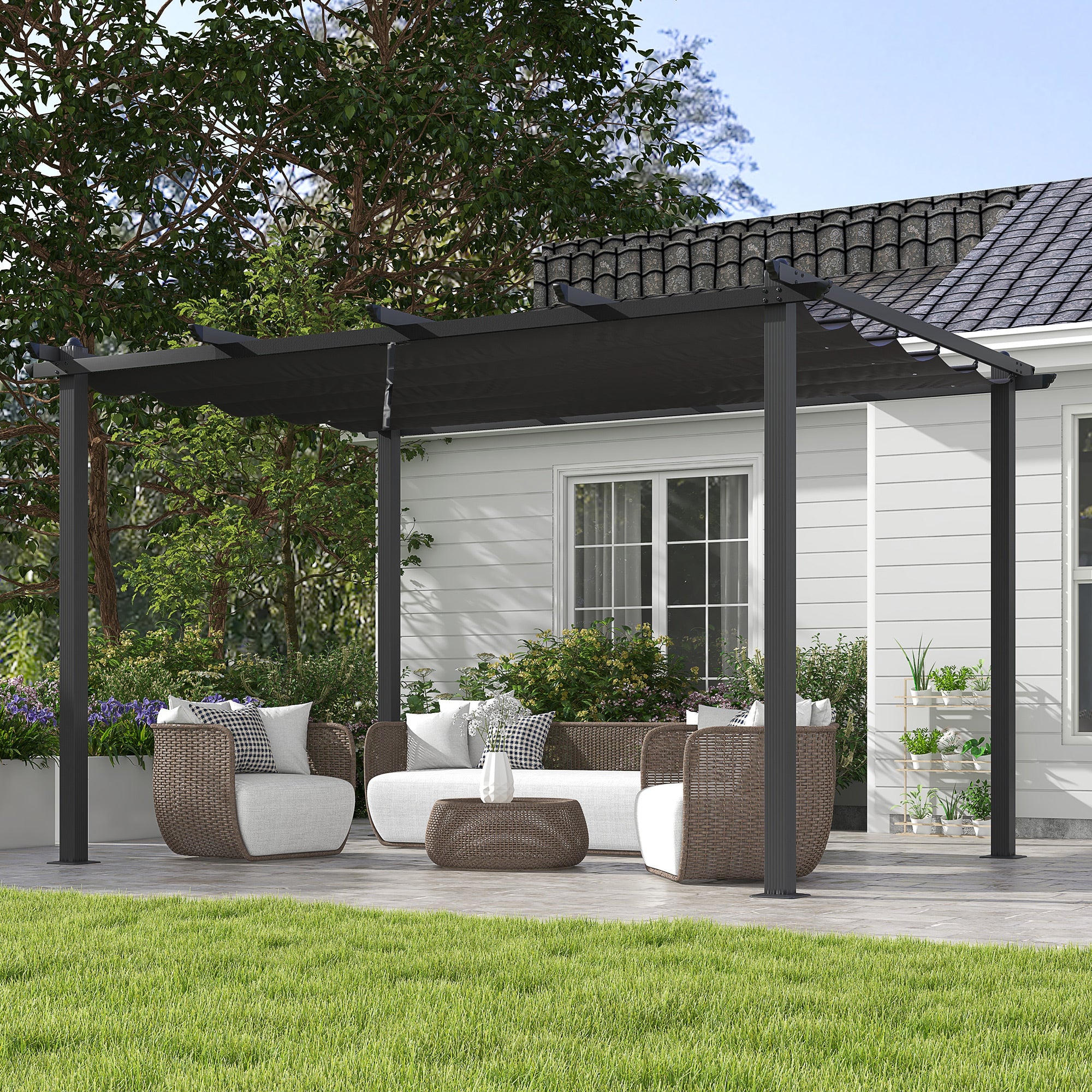 Outsunny 3 x 4m Aluminium Pergola, with Retractable Roof - Dark Grey - anydaydirect