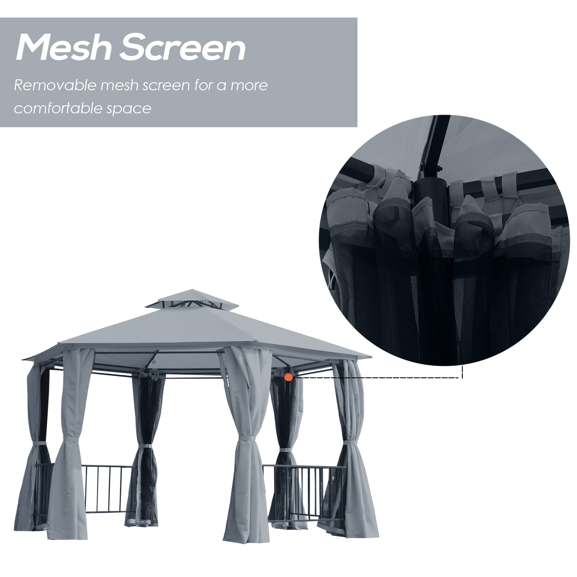 Outsunny 3 x 3(m) Hexagon Gazebo Patio Canopy Party Tent Outdoor Garden Shelter w/ 2 Tier Roof & Side Panel - Grey - anydaydirect