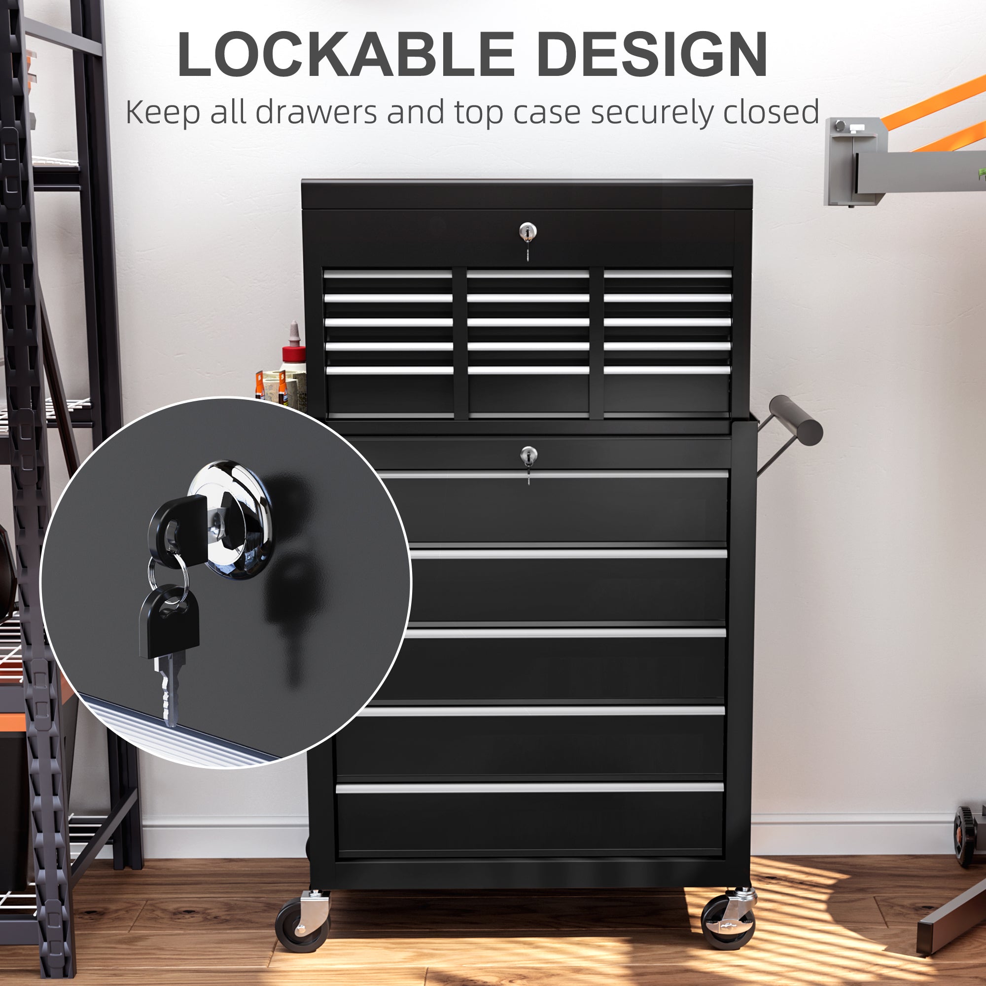 HOMCOM 14 Drawer, Two-Part Tool Storage Chest on Wheels - Black - anydaydirect