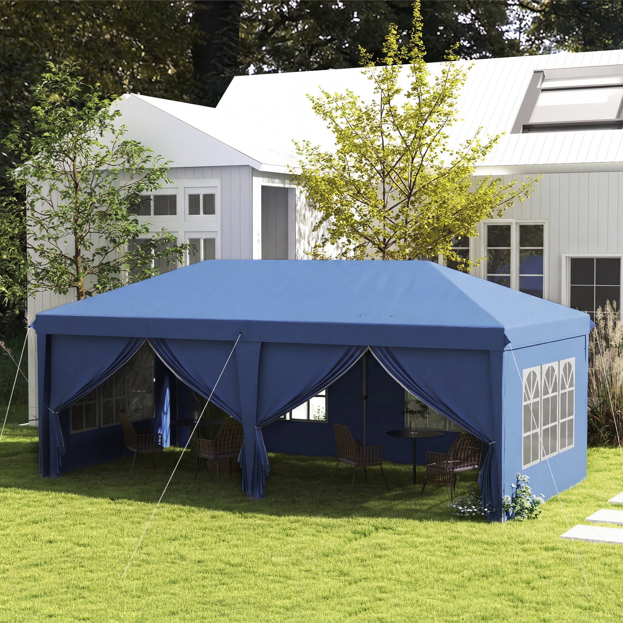 Outsunny 3 x 6m Pop-Up Gazebo, with Curtain Walls and Windows - Blue - anydaydirect