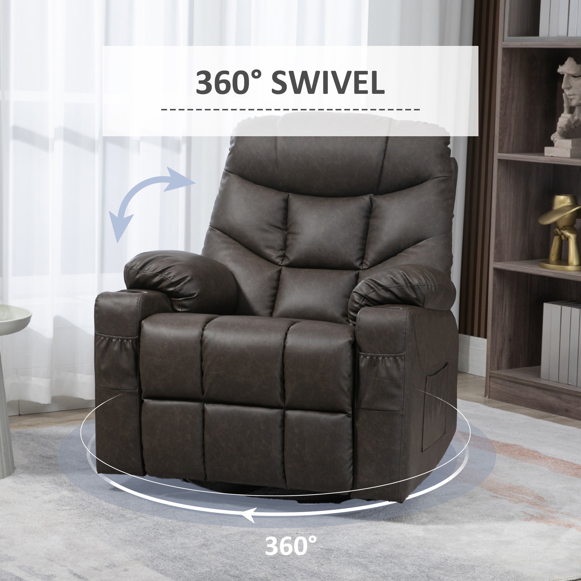 HOMCOM Manual Reclining Chair, Recliner Armchair with Faux Leather, Footrest, Cup Holders, 86x93x102cm, Brown - anydaydirect