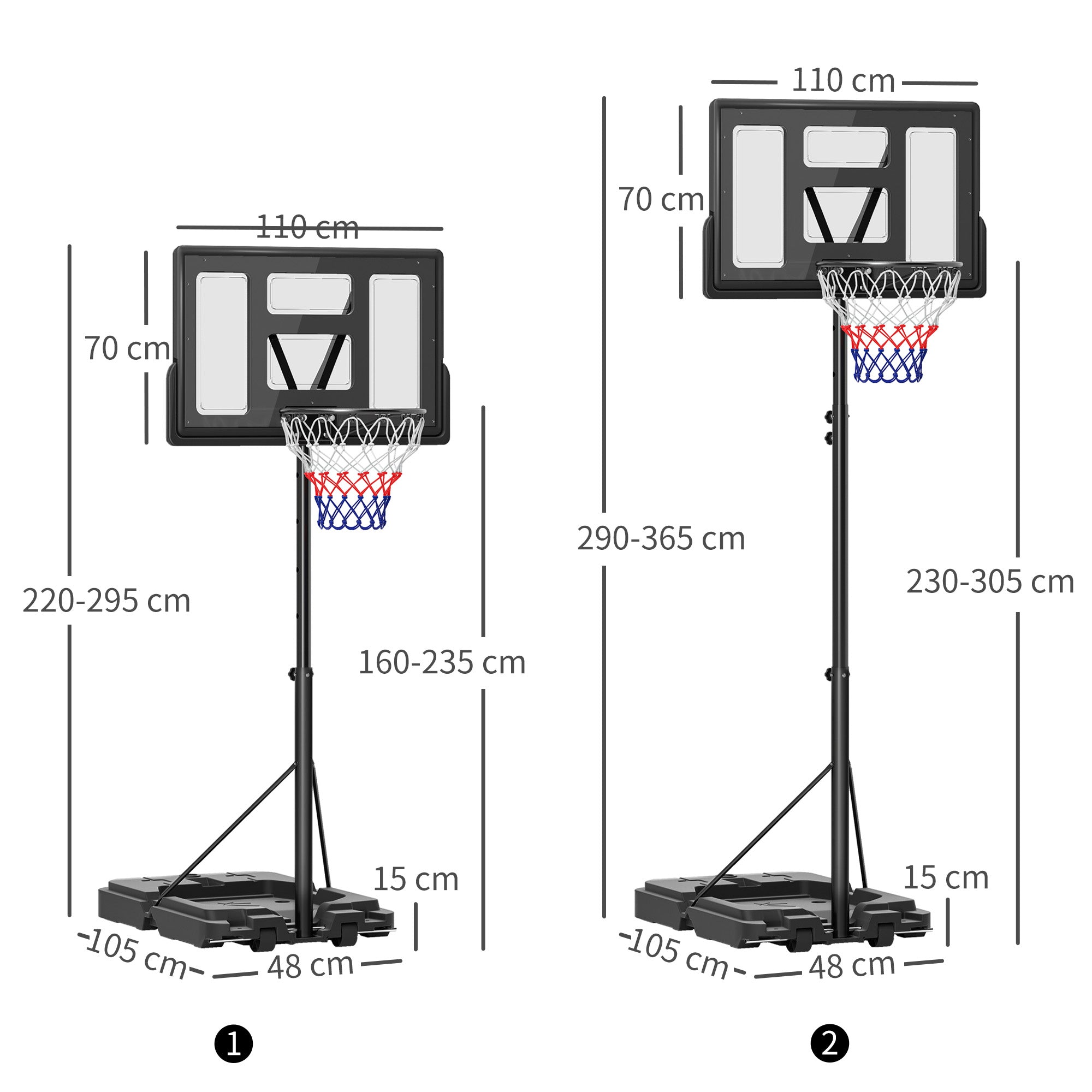 SPORTNOW 2.3-3.05m Basketball Hoop and Stand, with Weighted Base, Wheels, Black - anydaydirect