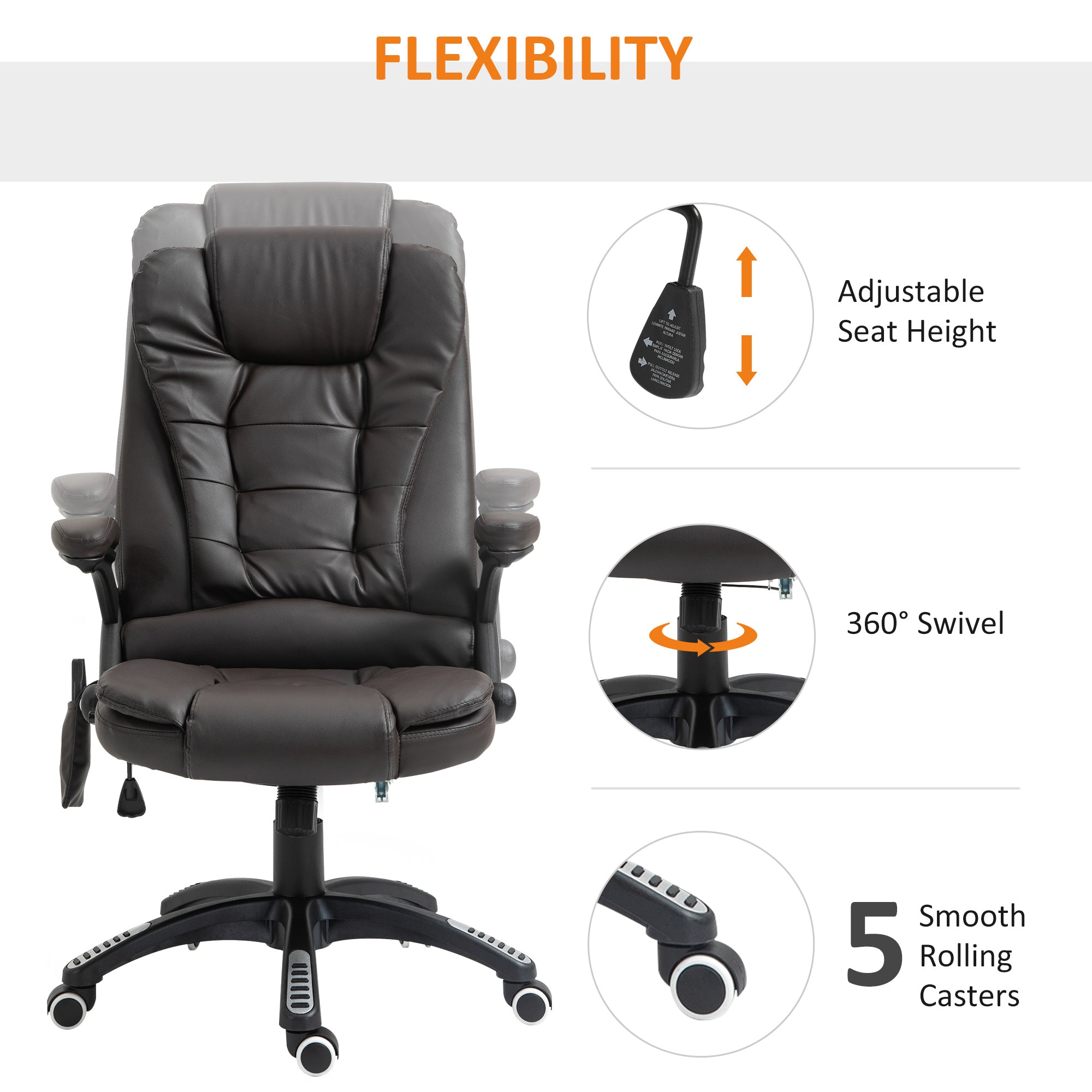 HOMCOM Executive Office Chair with Massage and Heat, High Back PU Leather Massage Office Chair with Adjustable Height, Brown - anydaydirect