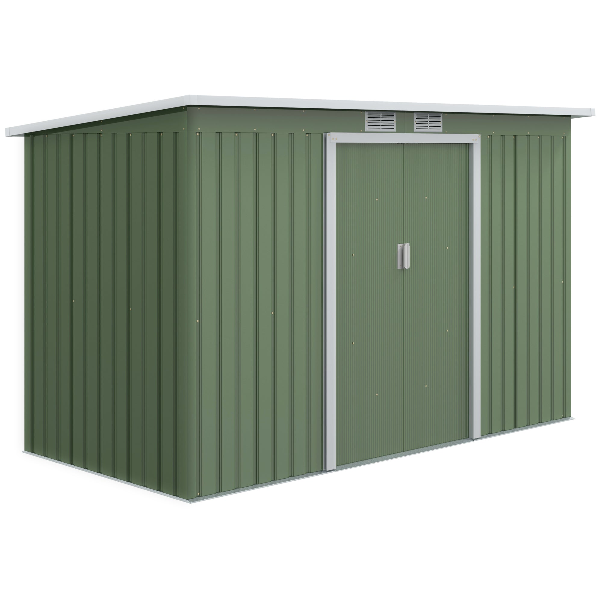 Outsunny 9 x 4.5 ft Pent Roof Metal Garden Storage Shed Corrugated Steel Tool Box with Foundation Ventilation & Doors, Light Green - anydaydirect