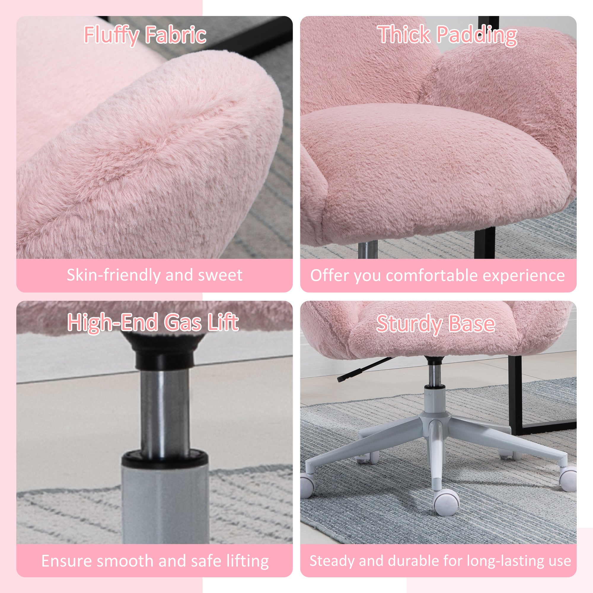 HOMCOM Makeup Vanity Chair, Cute Fluffy Desk Chair with Rolling Wheels for Bedroom Living Room, Pink - anydaydirect