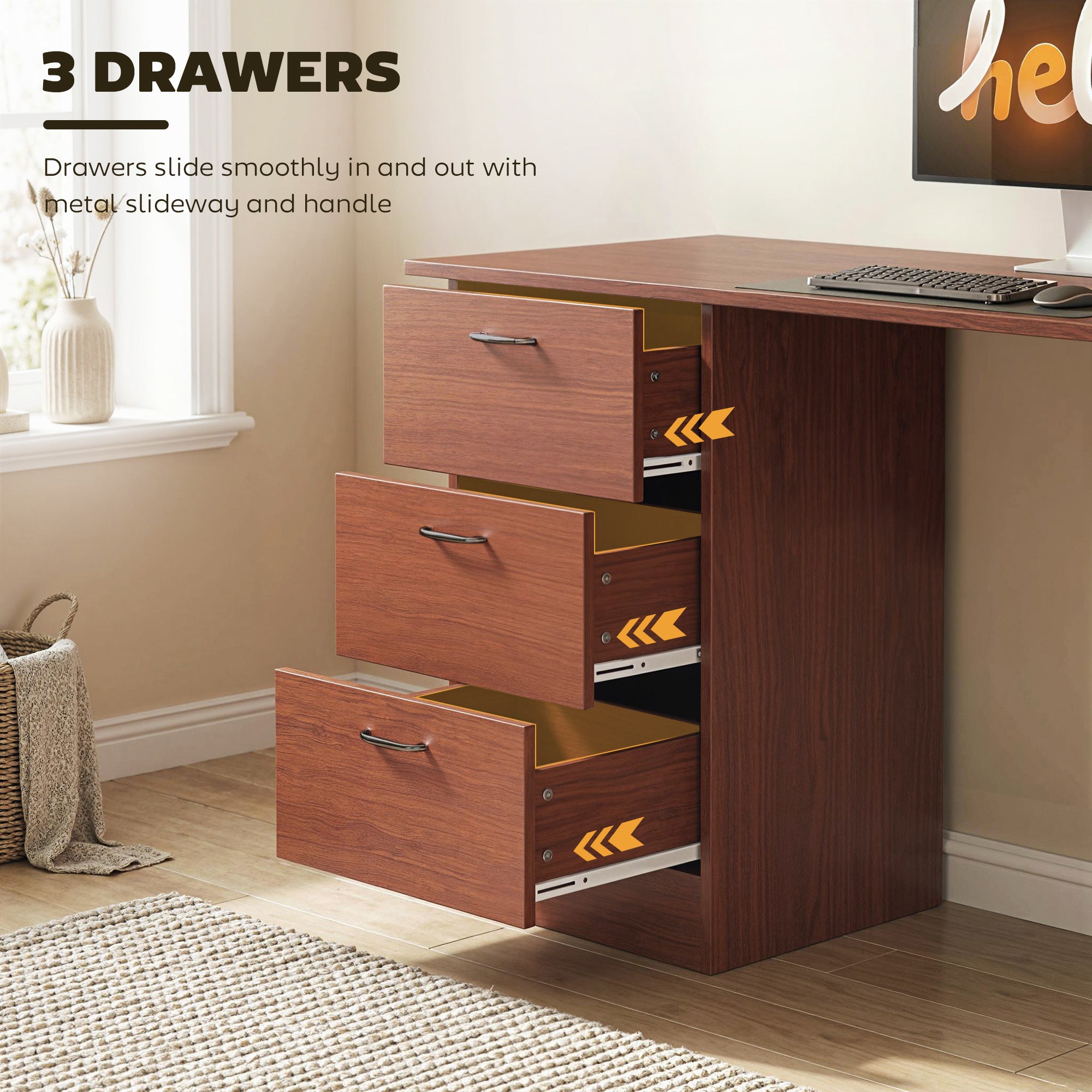 HOMCOM Computer Desk, Writing Table, PC Workstation with 3 Storage Shelves and Drawers, Handle, for Home Office, Walnut Brown - anydaydirect