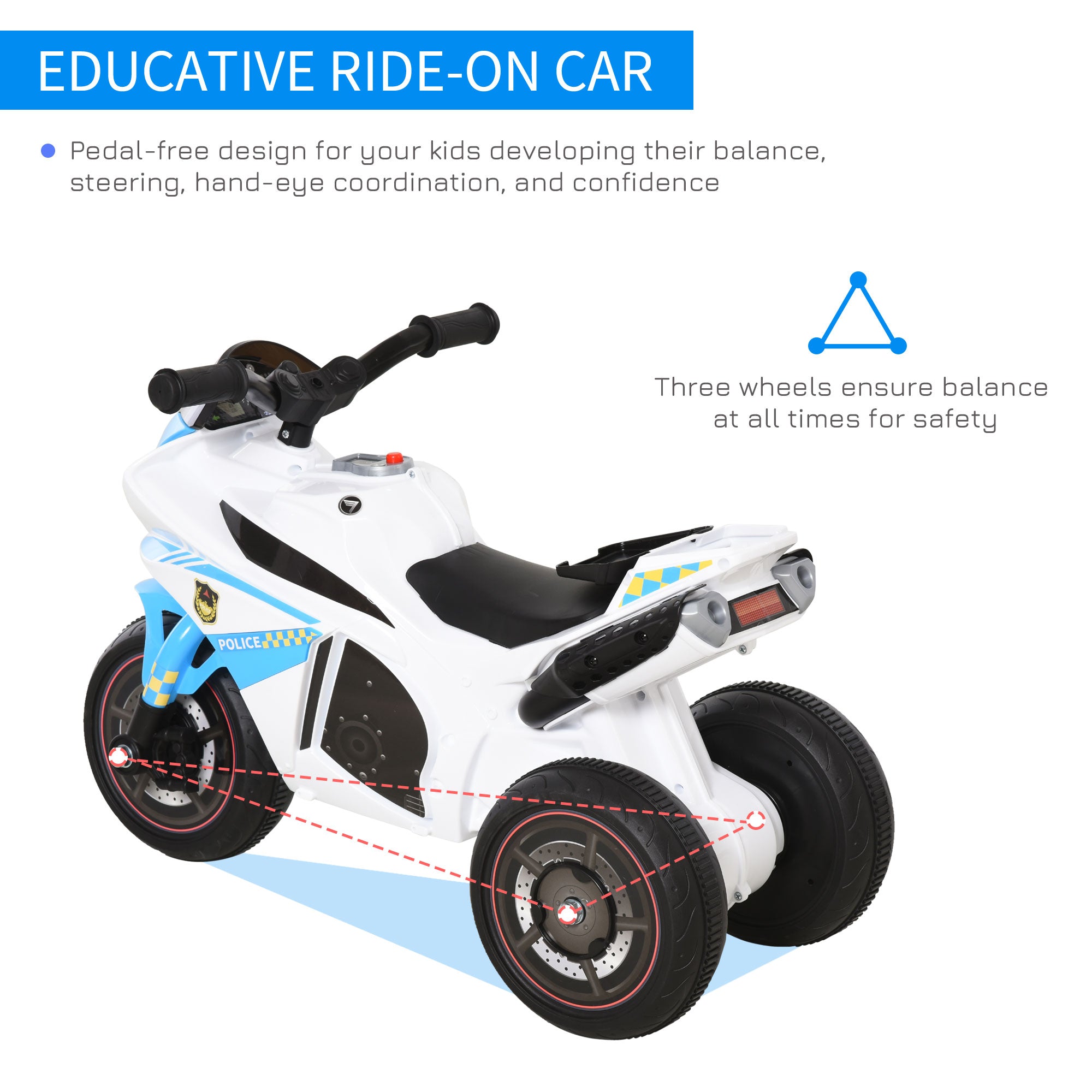 HOMCOM Kids Ride-On Police Bike 3-Wheel Vehicle w/ Music Lights Safe Seat Handlebars Toddler NO POWER Child Learning Fun Development 18-36 Months Blue - anydaydirect