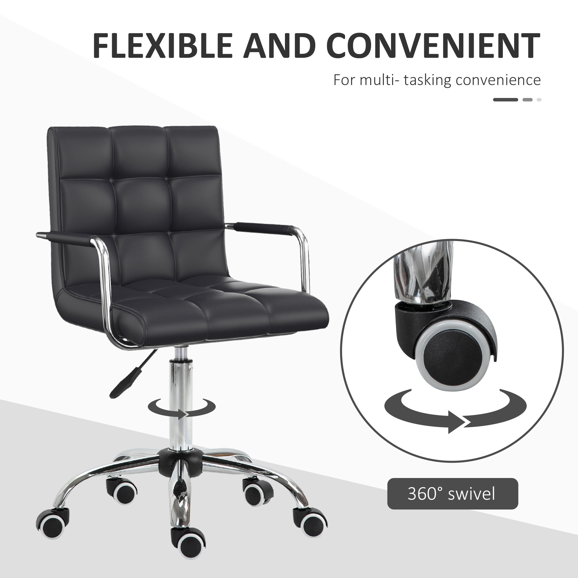 Vinsetto Office Chair, Makeup Vanity Chair, Mid Back Computer Chair, PU Leather Swivel Study Chair with Adjustable Height, Armrest and Rolling Wheels, Black - anydaydirect
