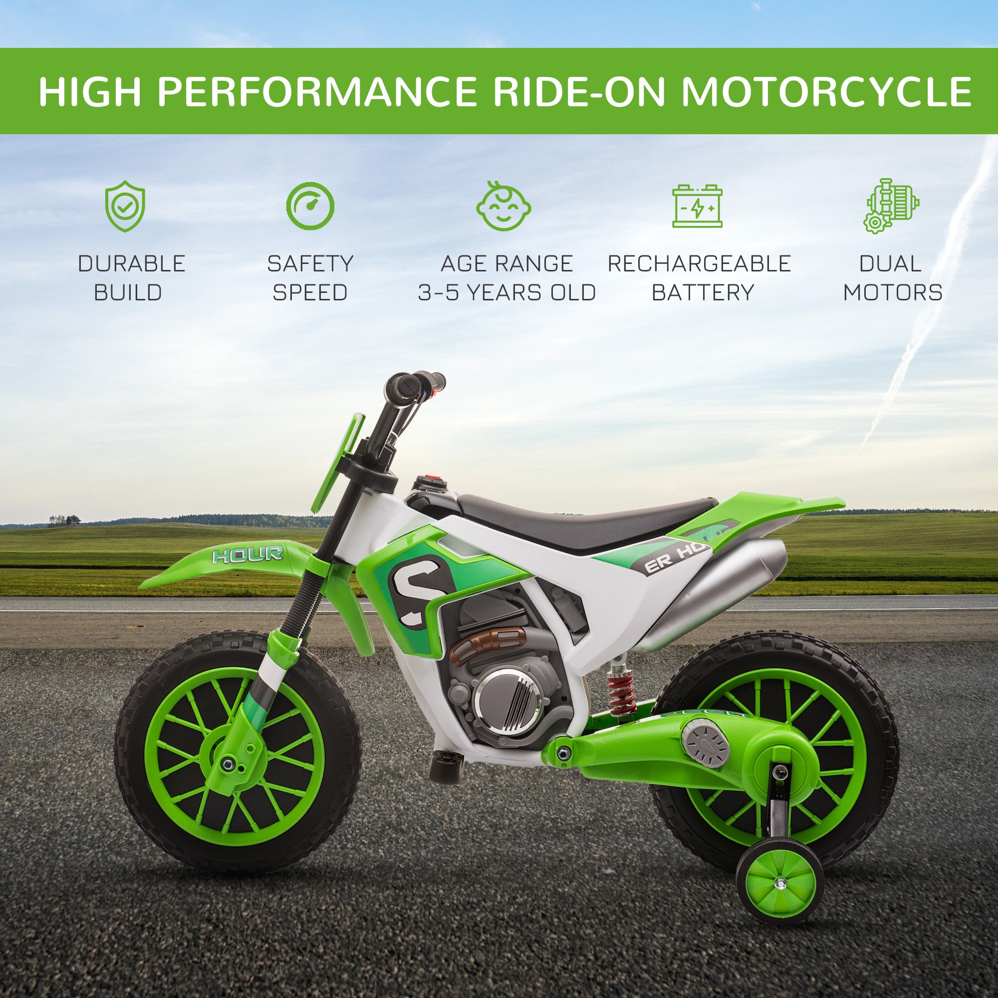 HOMCOM 12V Kids Electric Motorbike Ride On Motorcycle Vehicle Toy with Training Wheels for 3-5 Years Old, Green - anydaydirect