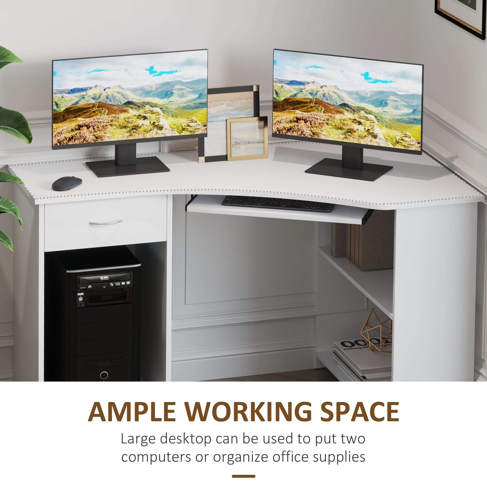 HOMCOM L-Shaped Corner Computer Desk w/ 2 Shelves Wide Worktop Keyboard Tray Drawer & CPU Stand Home Office Study Bedroom Furniture White - anydaydirect