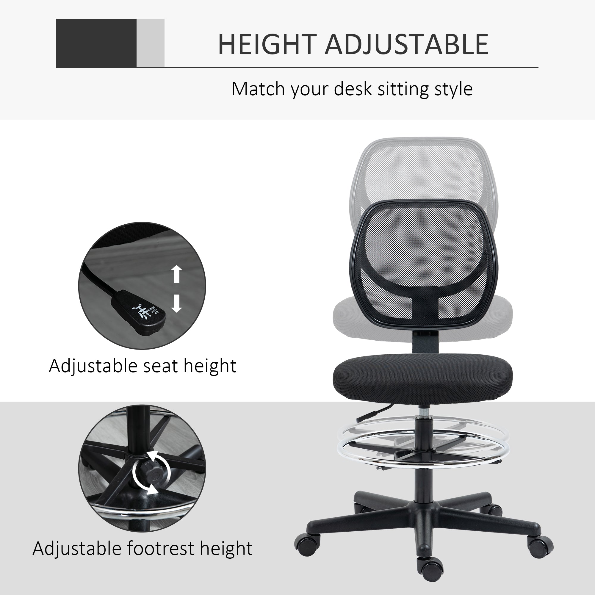 Vinsetto Ergonomic Mesh Standing Desk Chair with Adjustable Footrest Ring and Seat Height Black - anydaydirect