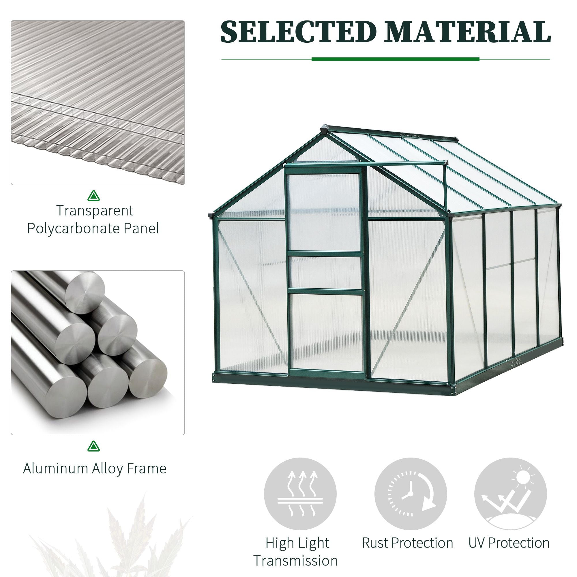 Outsunny 6 x 8ft Polycarbonate Greenhouse, Large Walk-In Green House with Slide Door and Window, Garden Plants Grow House with Aluminium Frame and Foundation, Dark Green - anydaydirect