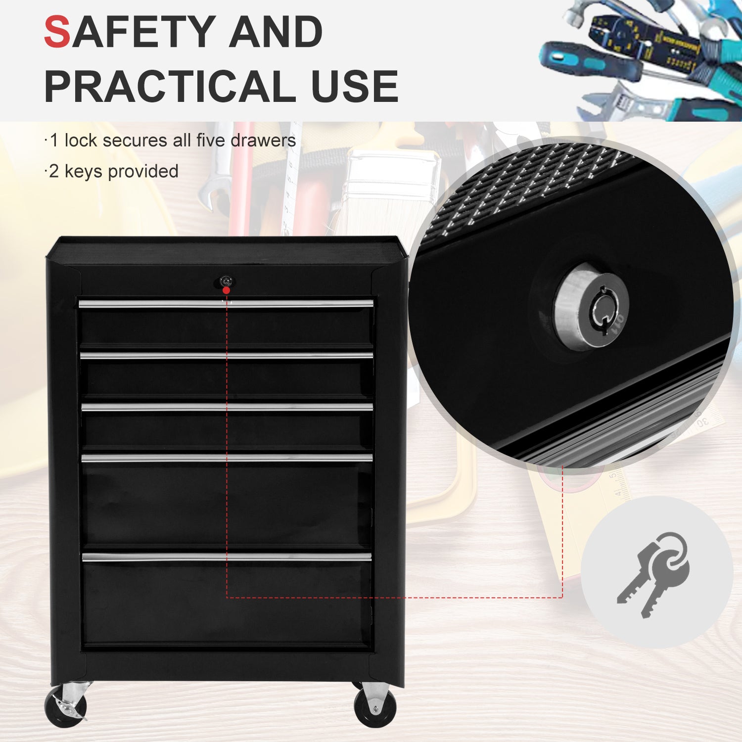 HOMCOM 5-Drawer Tool Chest, Lockable Steel Tool Storage Cabinet with Wheels and Handle Tool Box for Garage, Workshop, Black - anydaydirect