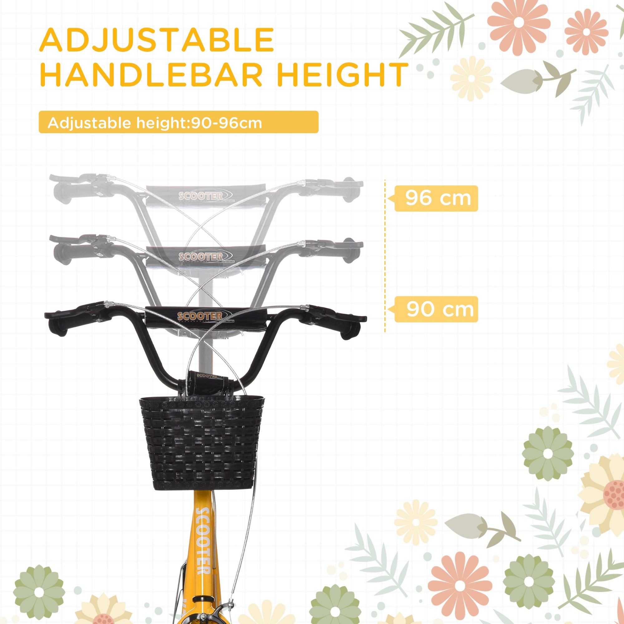 HOMCOM Kiddie Cruiser: Adjustable Scooter with Dual Brakes, Basket & Cupholder, 16" Inflatable Tyres, Tangerine Hue - anydaydirect