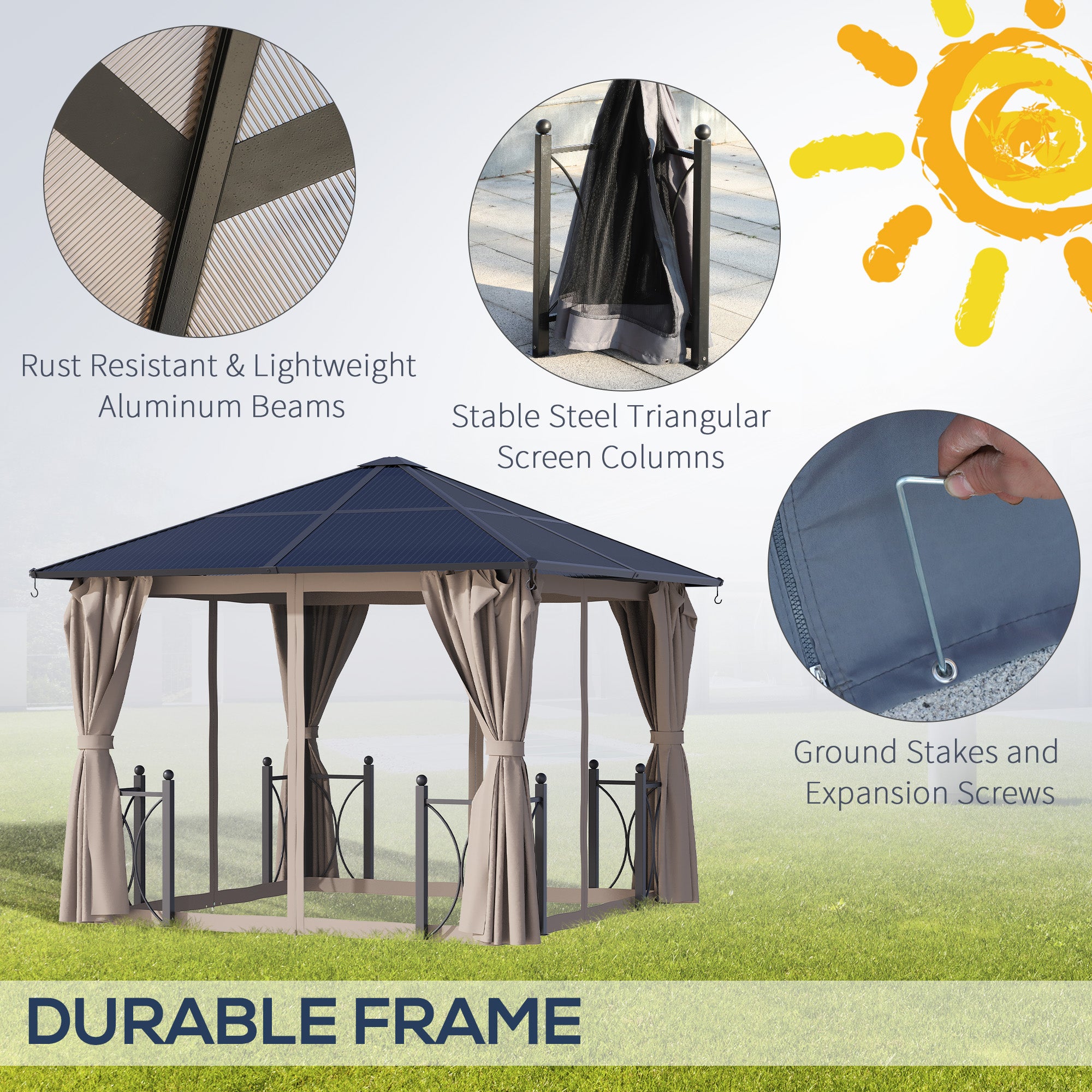 Outsunny 3 x 3(m) Hardtop Gazebo Canopy with Polycarbonate Roof, Steel & Aluminium Frame, Garden Pavilion with Mosquito Netting and Curtains, Black - anydaydirect