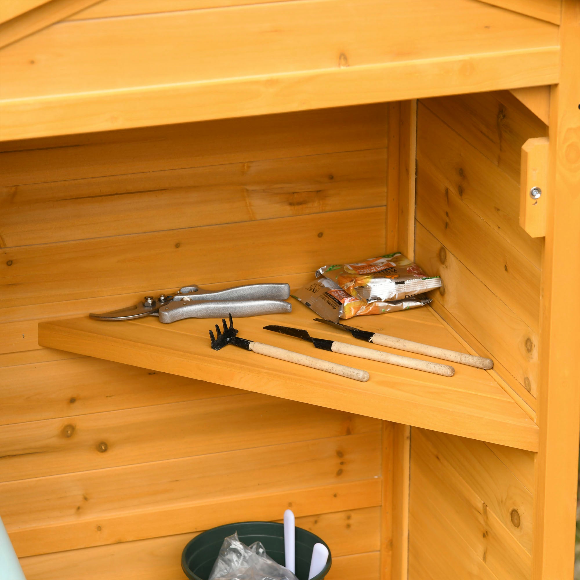 Outsunny Wooden Garden Cabinet 3-Tier Storage Shed 2 Shelves Lockable Organizer with Hooks Foot Pad 74 x 55 x 155cm Dark Yellow - anydaydirect