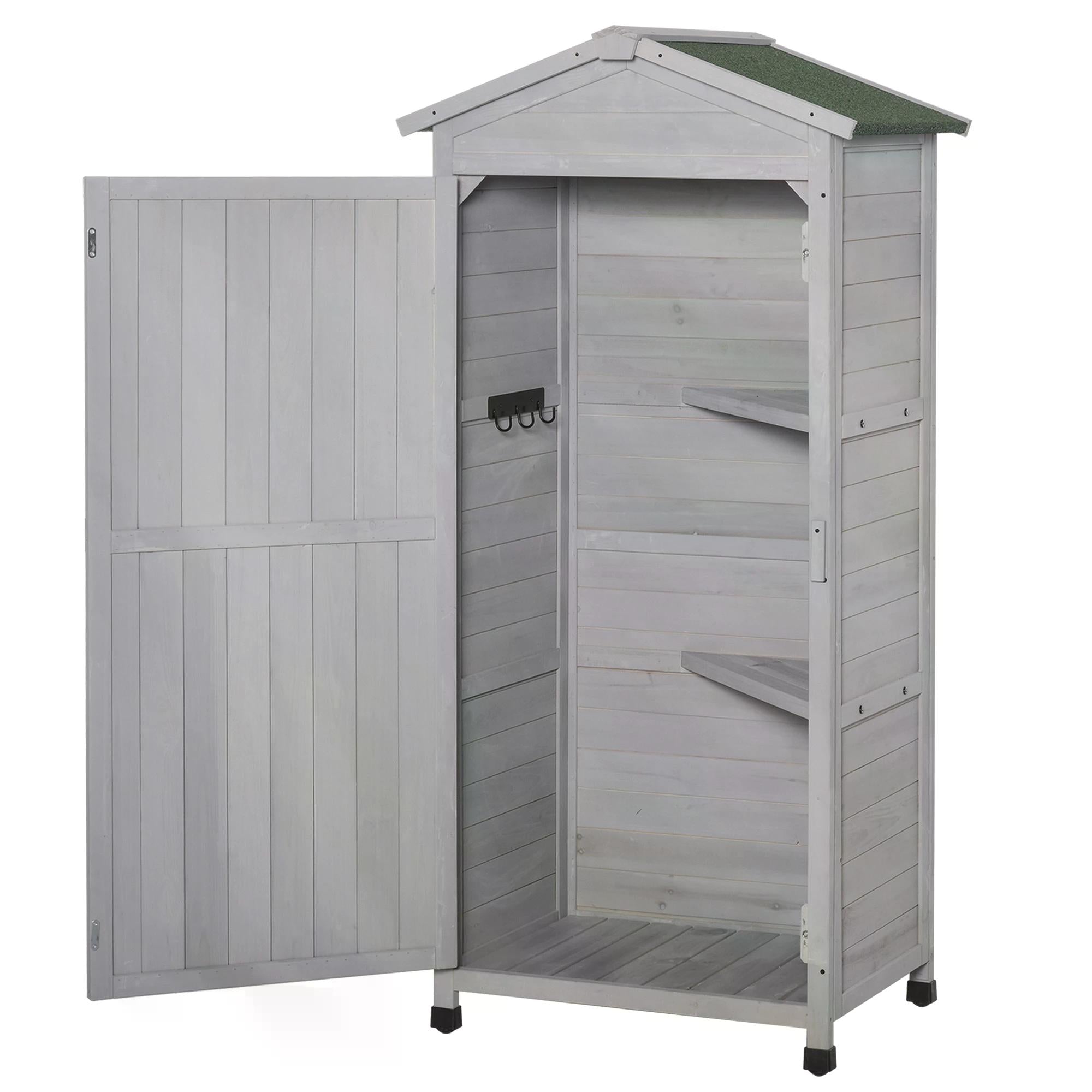 Outsunny Wooden Garden Cabinet 3-Tier Storage Shed 2 Shelves Lockable Organizer with Hooks Foot Pad 74 x 55 x 155cm Light Grey - anydaydirect
