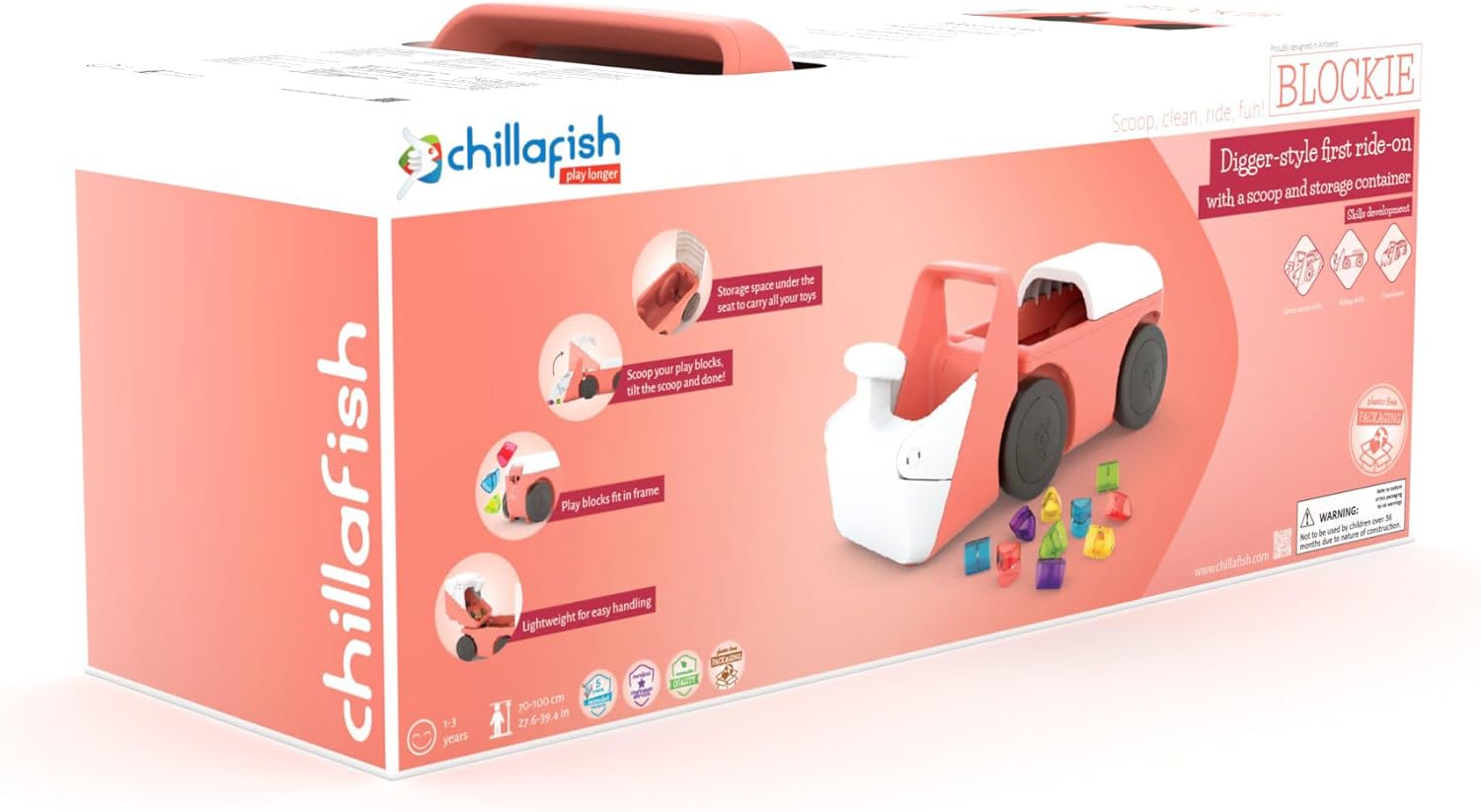 Chillafish Blockie 4-Wheel First Ride-on That Cleans up and Carries All Your Toys, 10 Play Blocks Included to Scoop in Digger-Style Action, Age 1-3 Years, Flamingo - anydaydirect