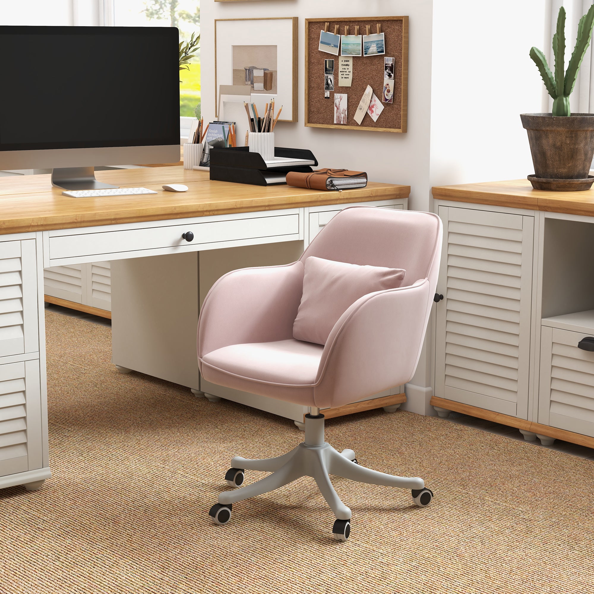 Vinsetto Velvet Office Chair, Desk Chair, Makeup Vanity Chair with Massage Lumbar Pillow and Rolling Wheels for Bedroom and Home, Pink - anydaydirect