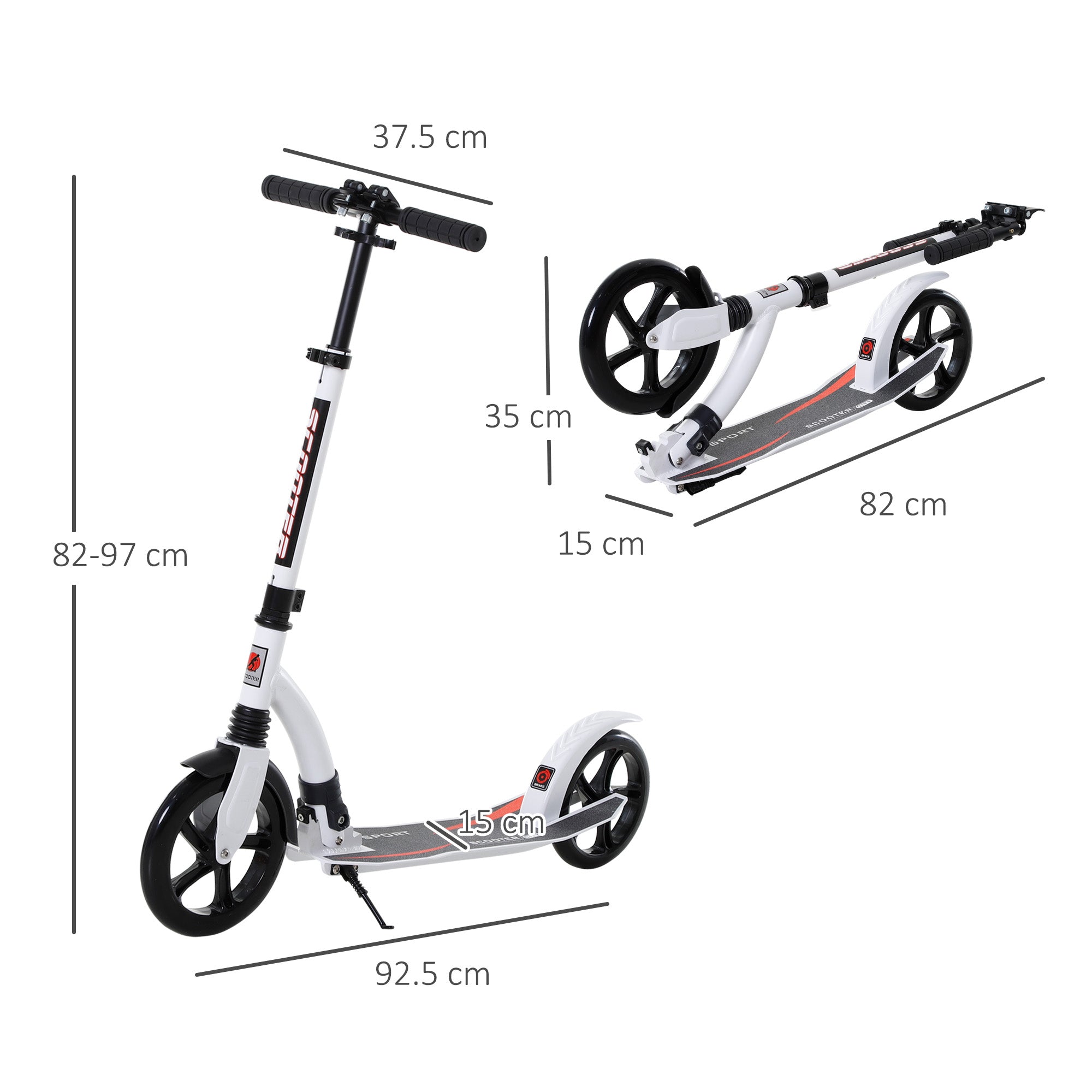 HOMCOM Foldable Kick Scooter with Double Shock Absorption and Big Wheels, Height Adjustable Aluminium Frame Big Wheel Scooter for 14+ Teens Adult - White - anydaydirect