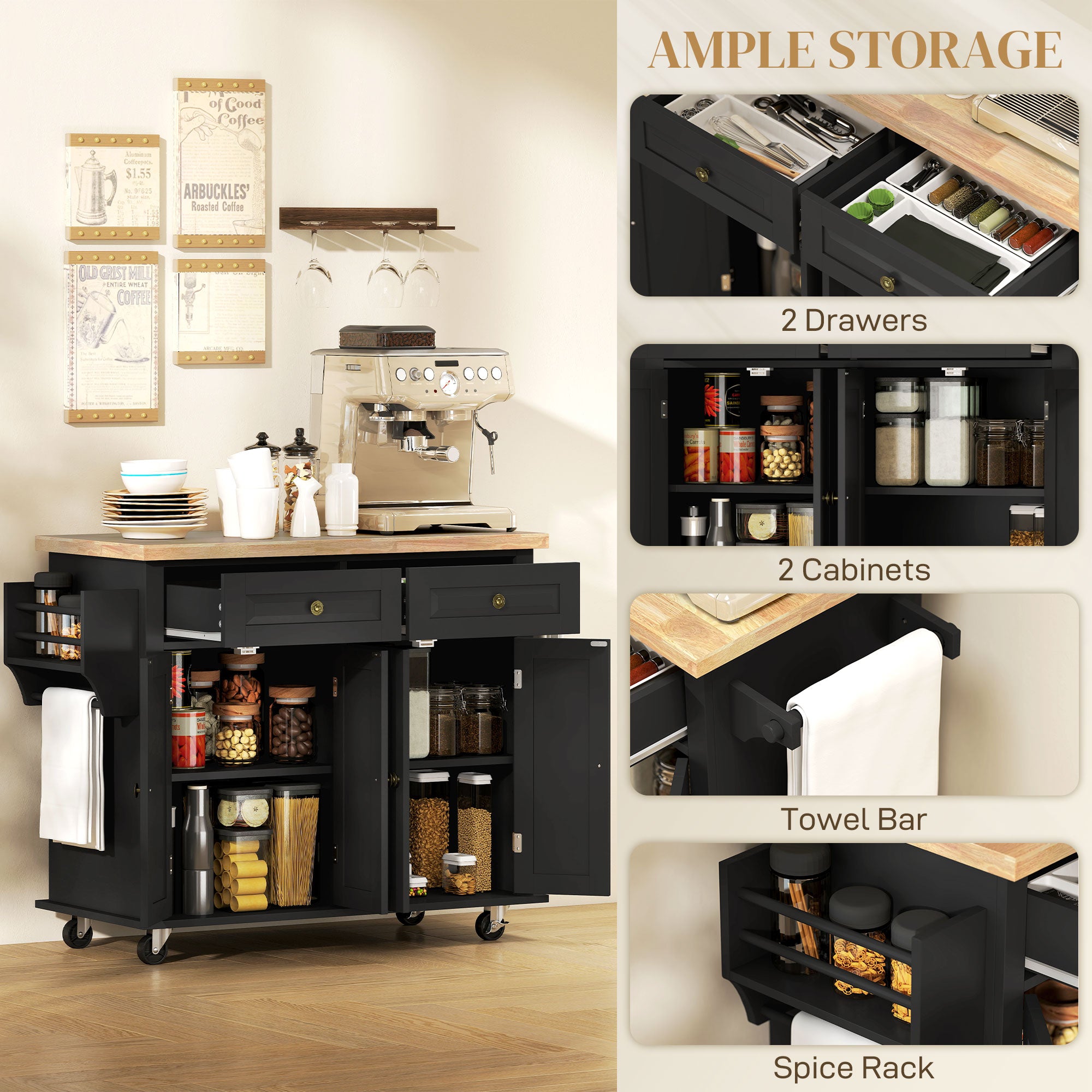 HOMCOM Rolling Kitchen Island Storage Trolley with Rubber Wood Top & Drawers for Dining Room, Black - anydaydirect