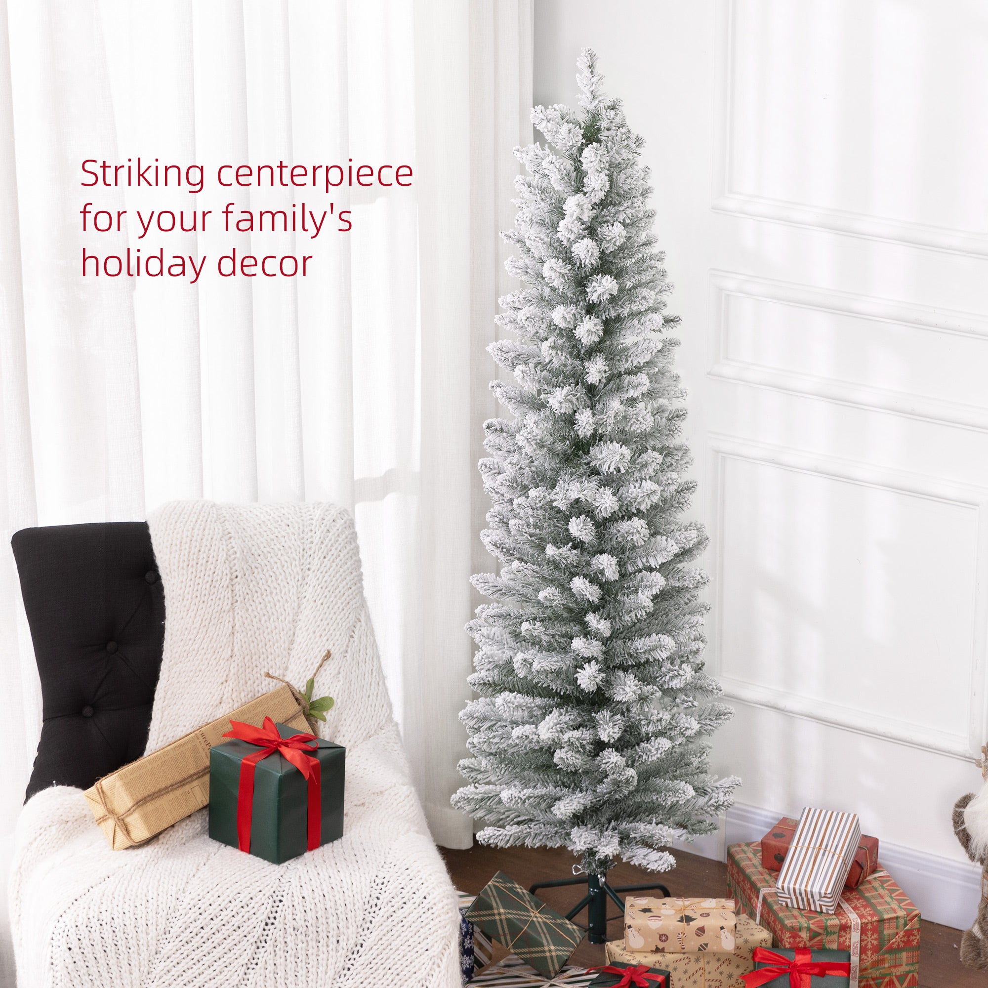HOMCOM 5ft Artificial Pencil Christmas Tree with 263 Snow Flocked Tips, Metal Base, Realistic Xmas Tree - anydaydirect