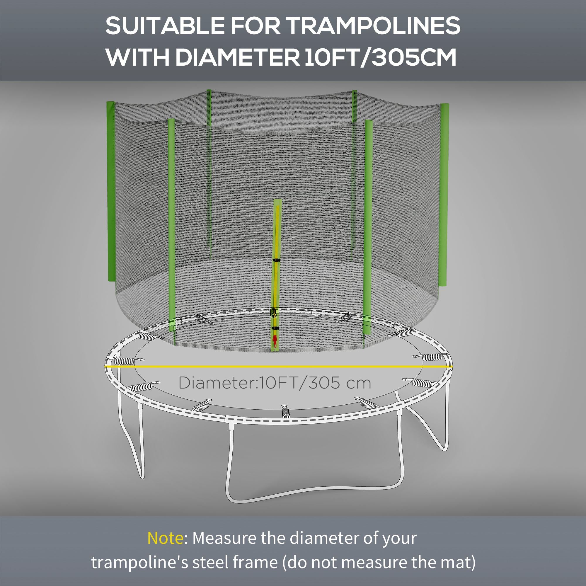 SPORTNOW 10ft Trampoline Net Replacement with 6 Plastic Pole Covers, Weather-Resistant Trampoline Netting Replacement with Zipped Entrance, Poles Not Included, Green - anydaydirect