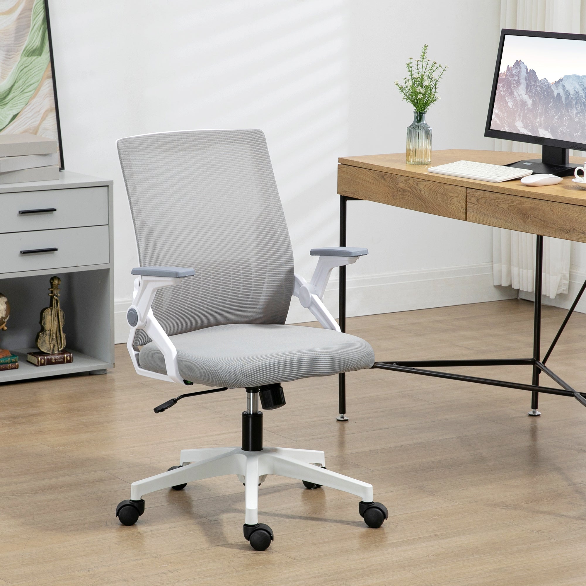 Vinsetto Mesh Office Chair, Desk Chair with Lumbar Support, Flip-up Armrest, Swivel Wheels, Adjustable Height, Grey - anydaydirect