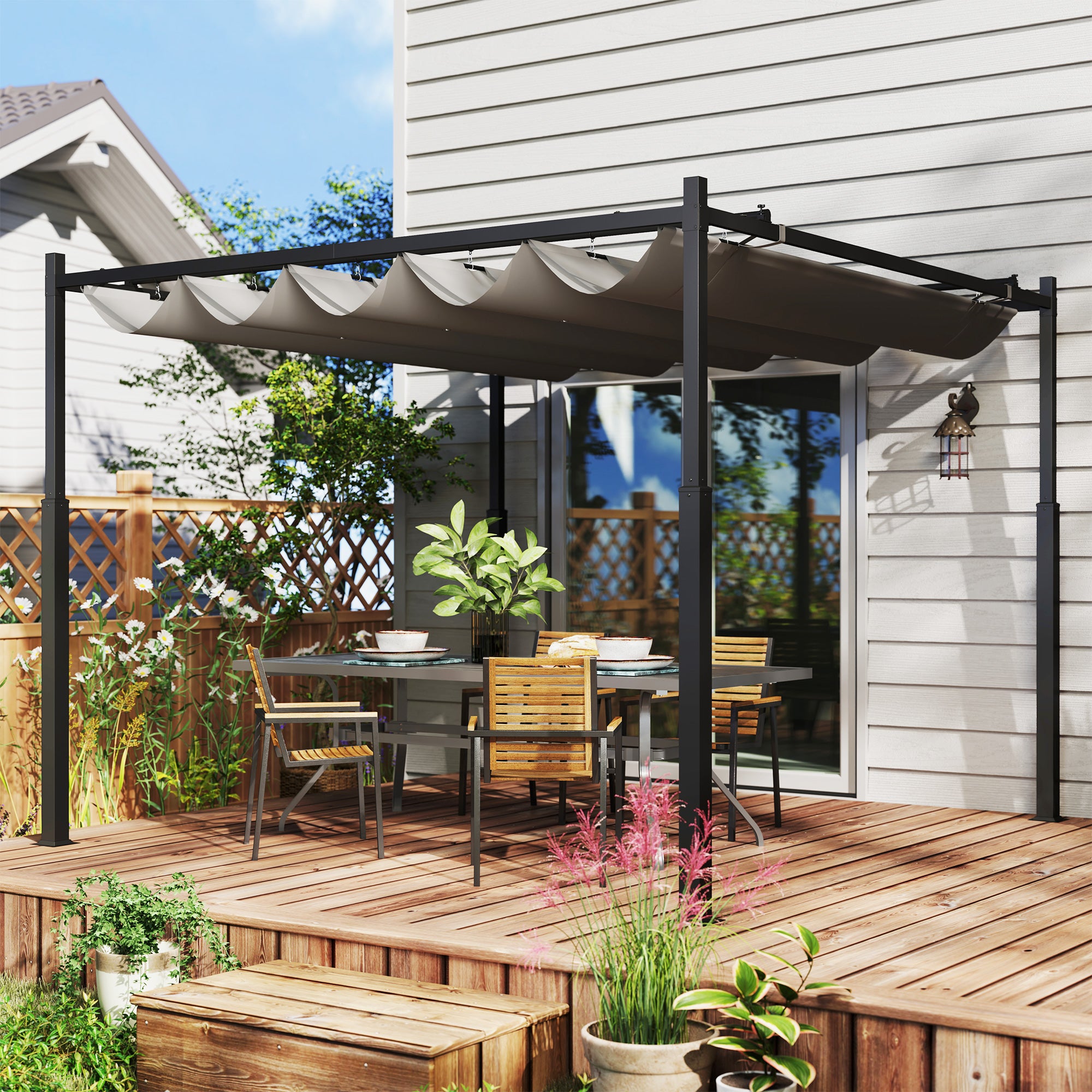 Outsunny 3 x 3(m) Garden Pergola with Retractable Roof and Magnetic Fixture, Outdoor Gazebo Pergola Kit Sun Shade Canopy, UPF30+, 80mm Metal Column, Grey - anydaydirect