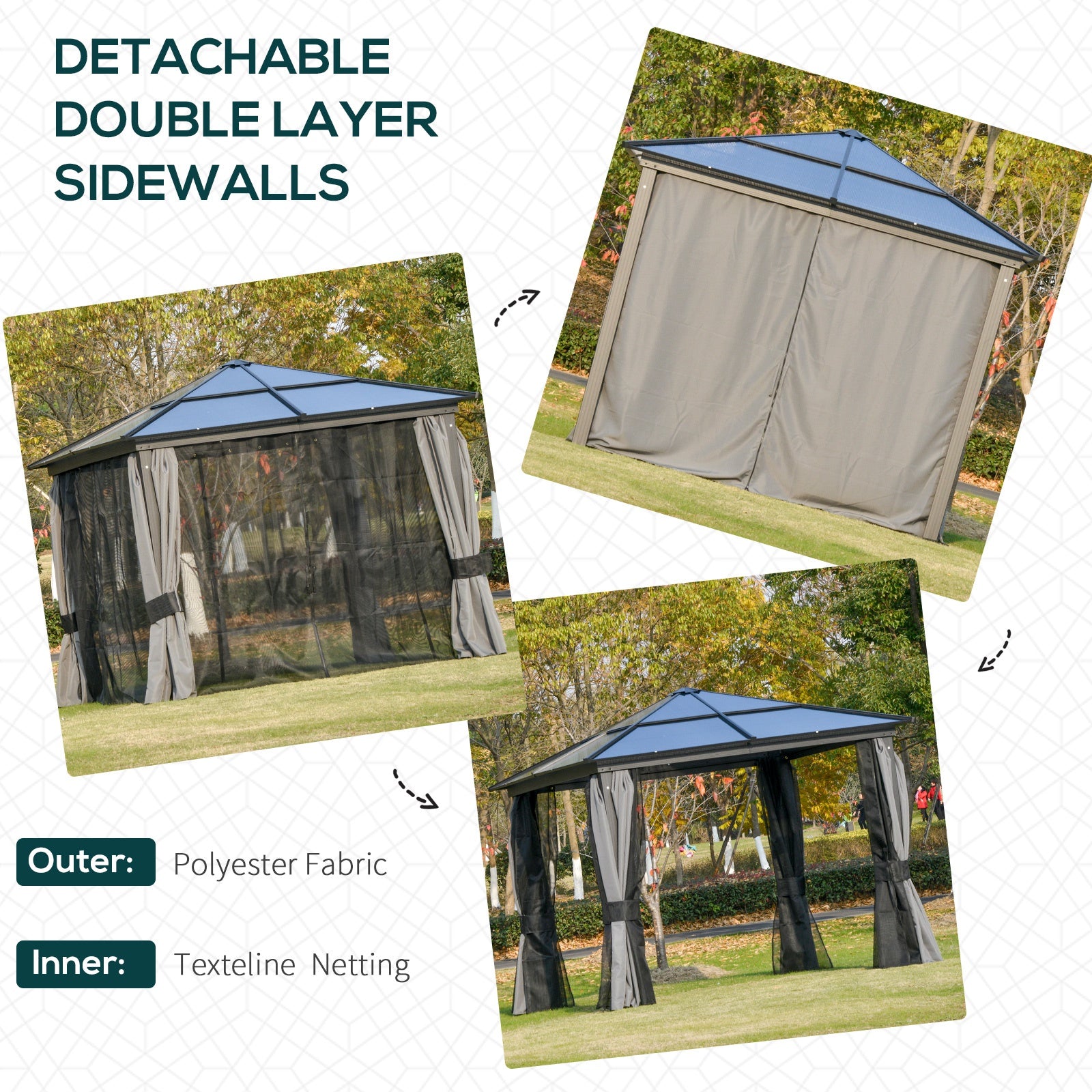 Outsunny 3 x 3(m) Hardtop Gazebo Canopy with Polycarbonate Roof, Aluminium Frame, Permanent Pavilion Garden Gazebo with Netting and Curtains for Patio, Deck, Dark Grey - anydaydirect