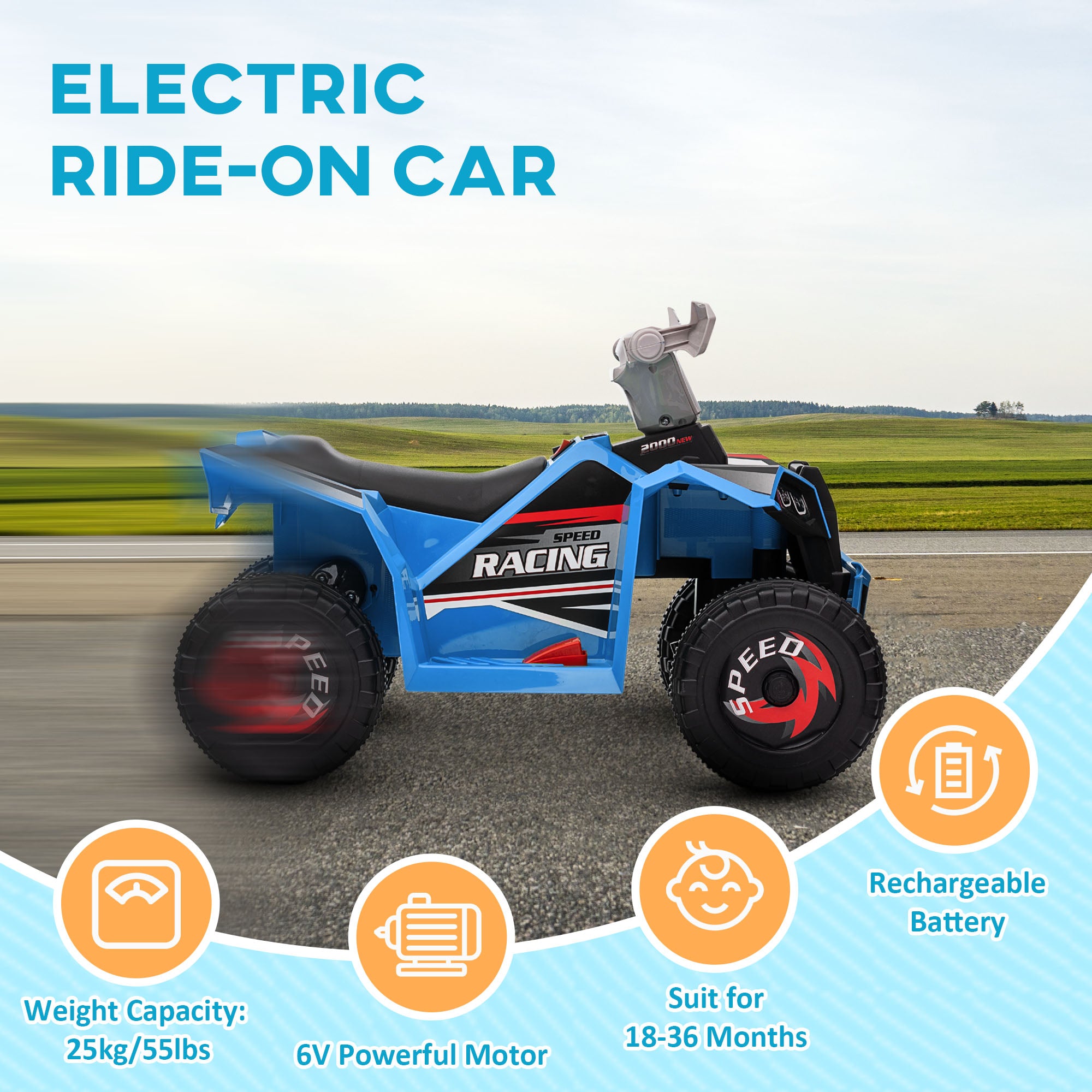 HOMCOM Quad Bike for Toddlers, 6V Battery with Durable Wheels, Forward and Reverse Functions, for 18-36 Months, Blue - anydaydirect