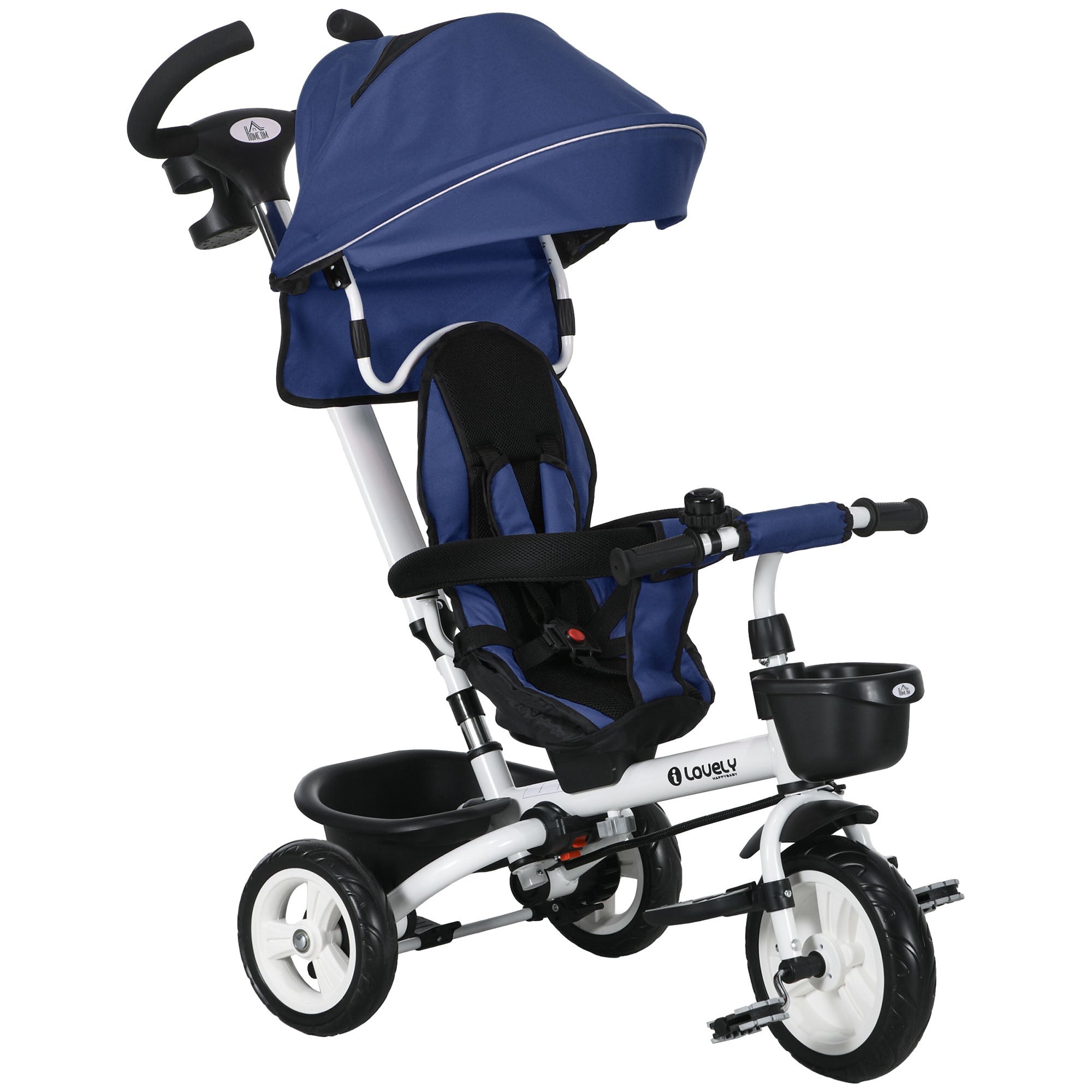 HOMCOM Metal Frame 4 in 1 Baby Push Tricycle with Parent Handle for 1-5 Years Old, Dark Blue - anydaydirect